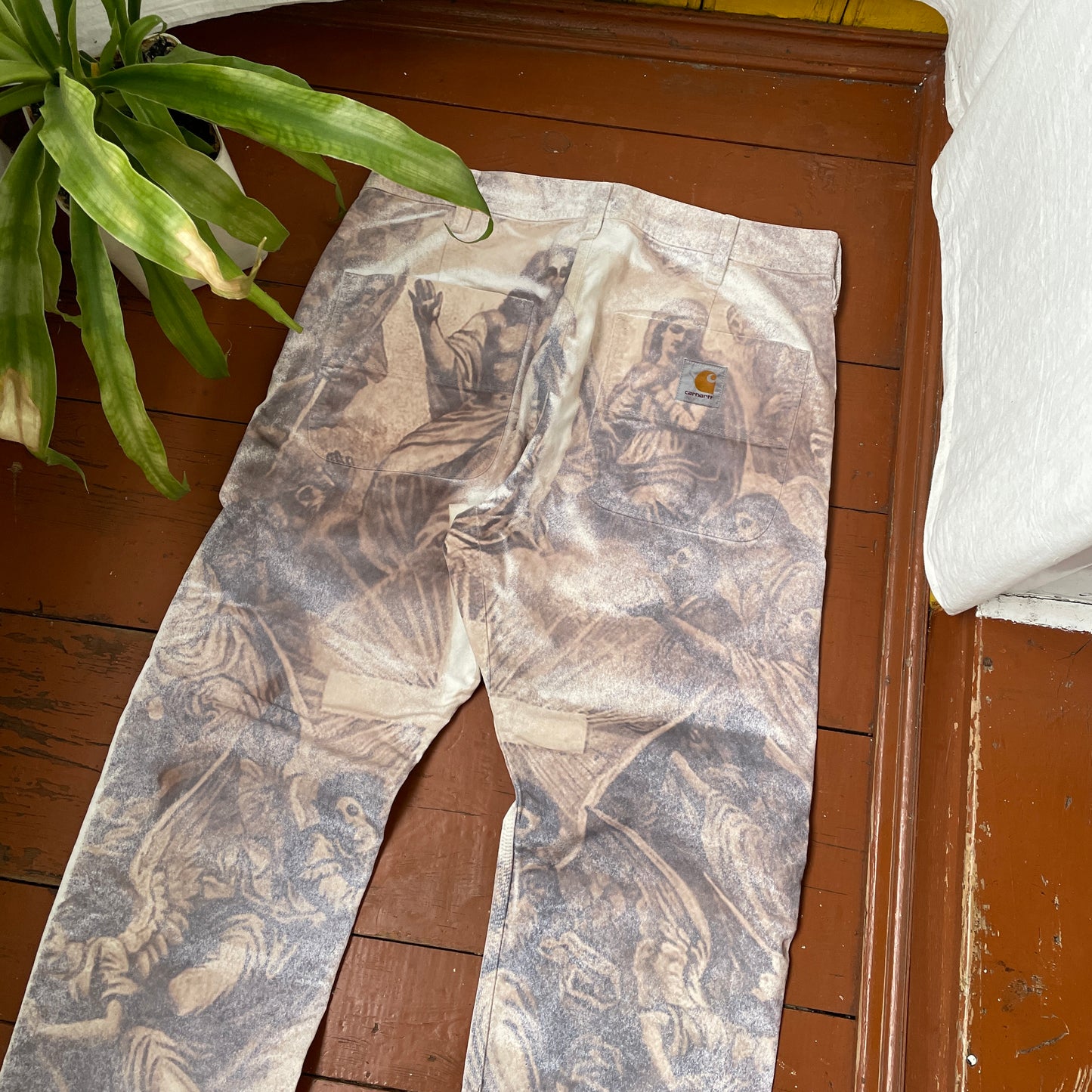 Custom Carhartt Classical Art Print Pants – Beige/Khaki with Detailed Artwork | 1 of 1 Reworked