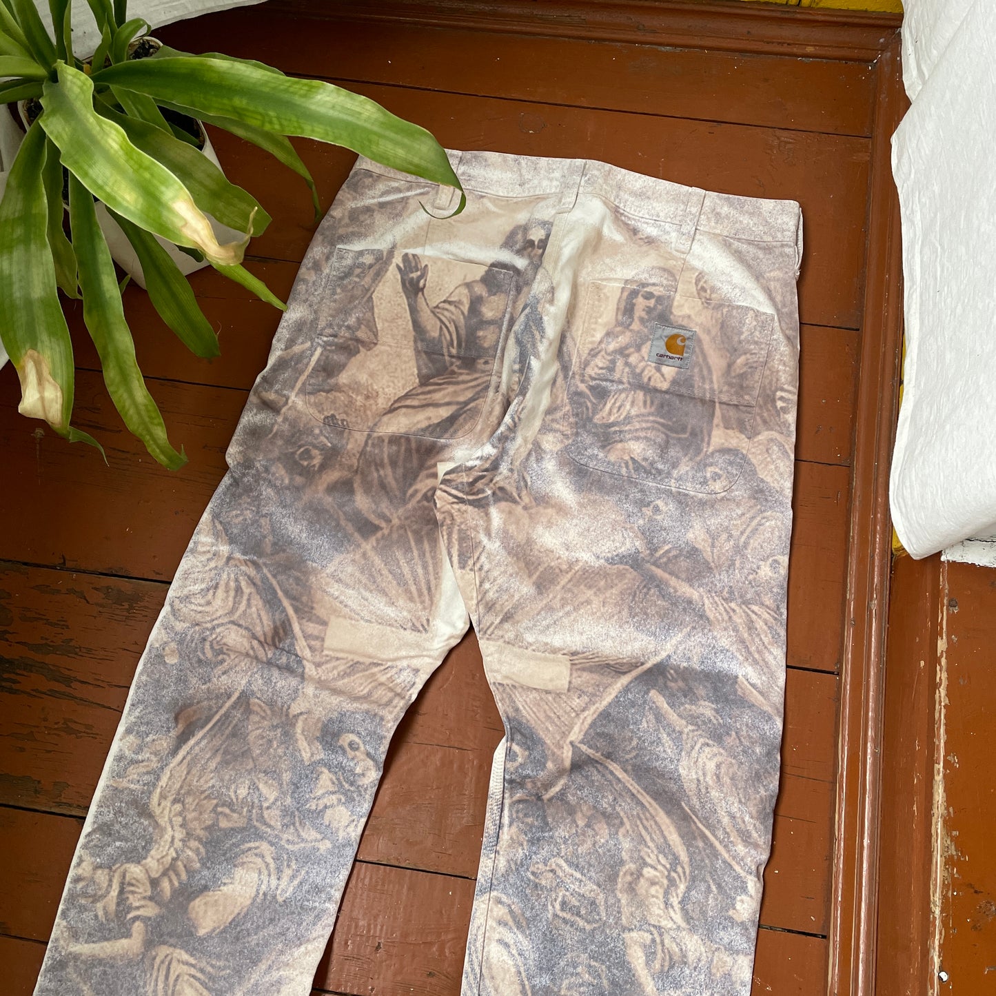 Custom Carhartt Classical Art Print Pants – Beige/Khaki with Detailed Artwork | 1 of 1 Reworked