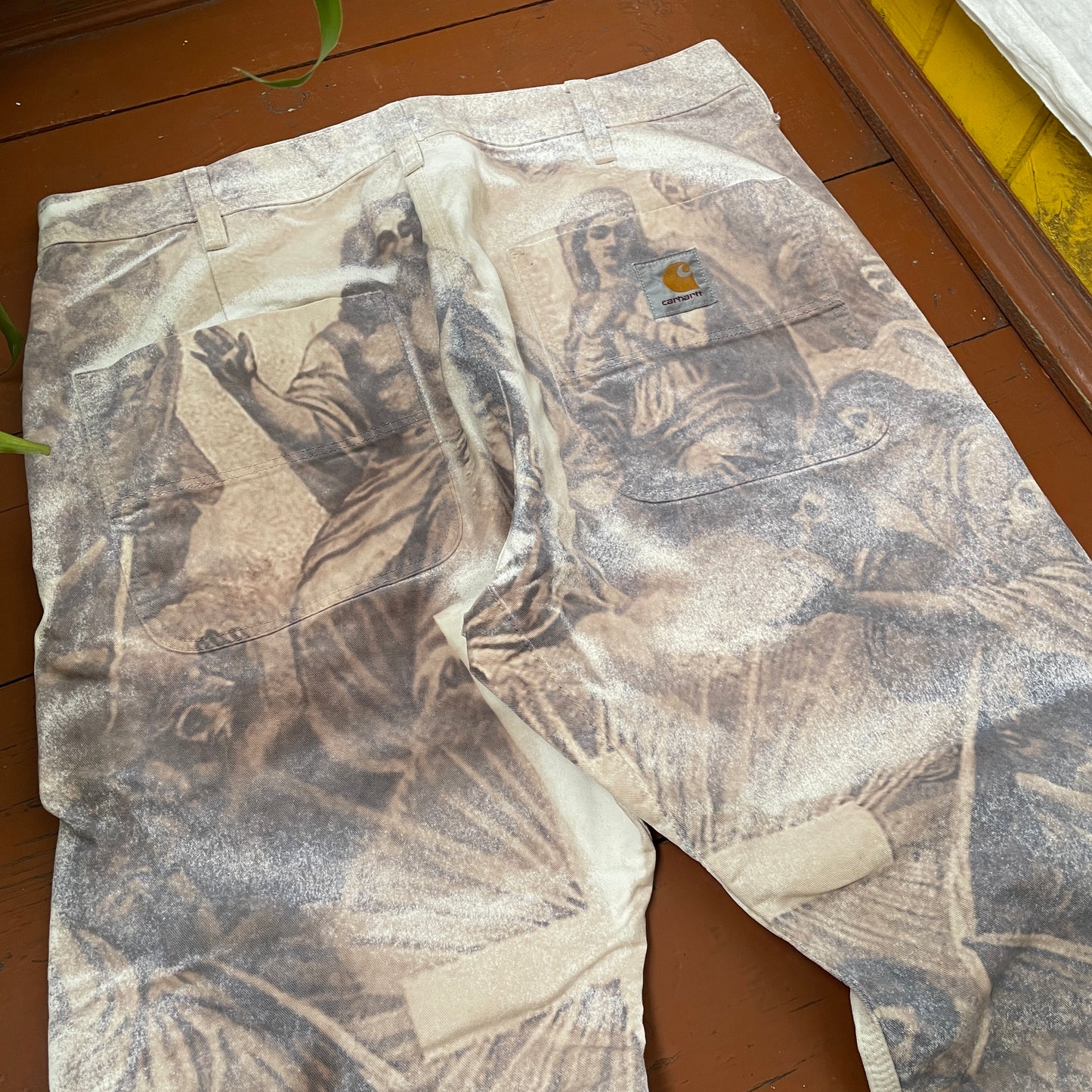 Custom Carhartt Classical Art Print Pants – Beige/Khaki with Detailed Artwork | 1 of 1 Reworked