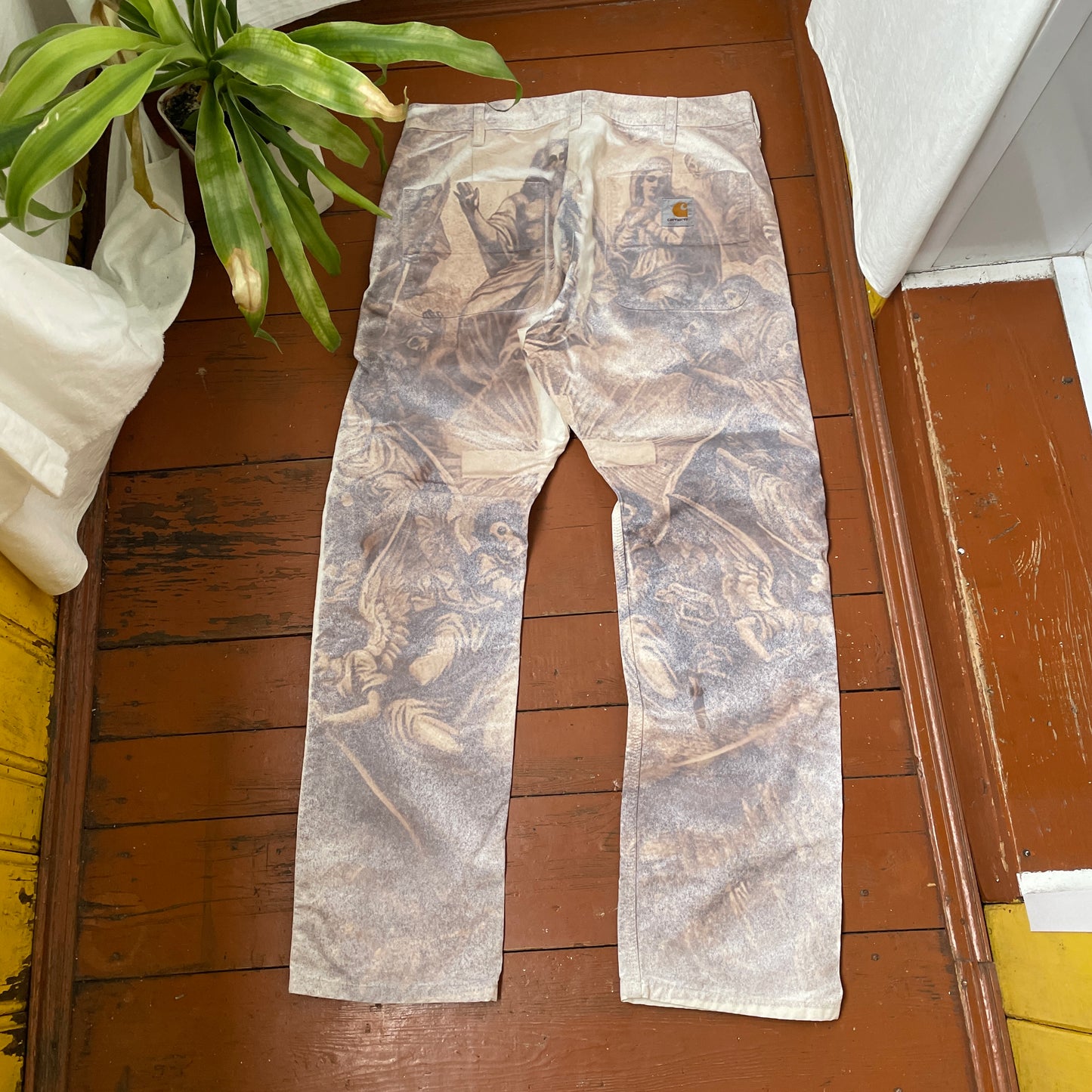 Custom Carhartt Classical Art Print Pants – Beige/Khaki with Detailed Artwork | 1 of 1 Reworked