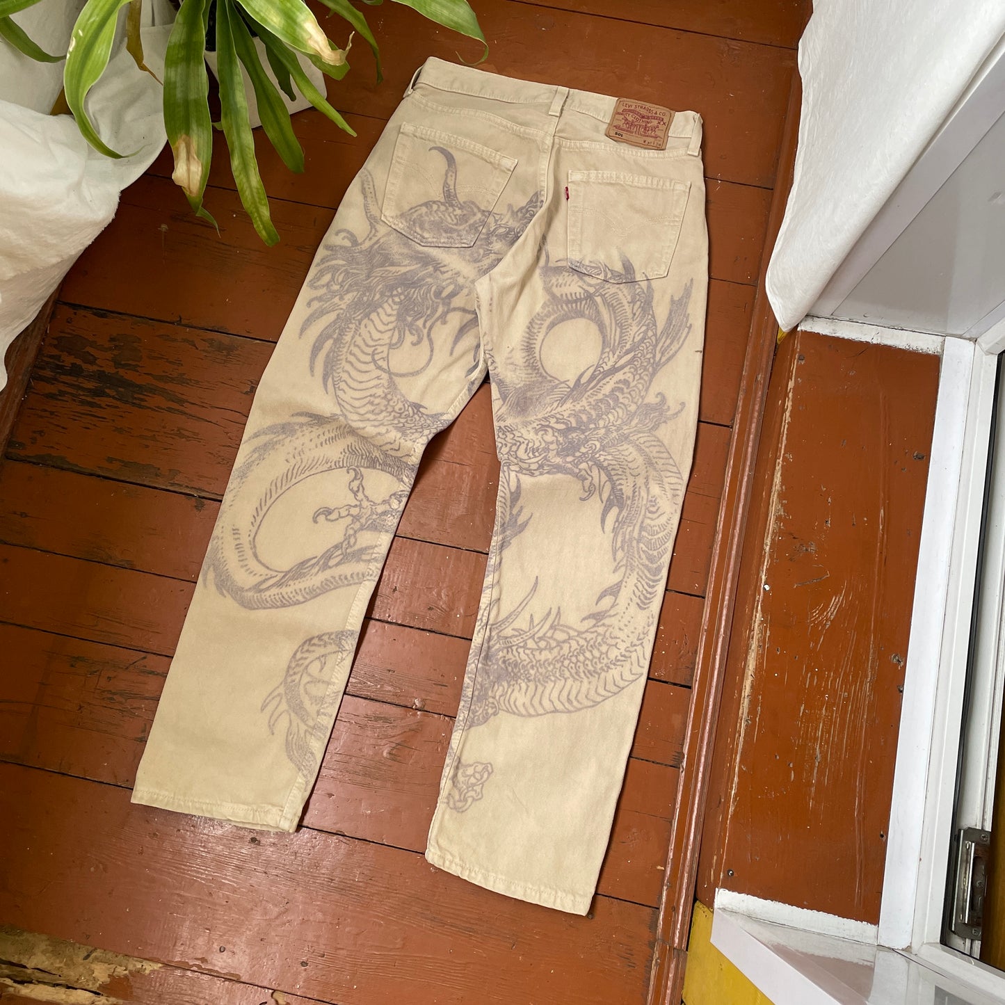 Custom Levi’s Dragon Print Jeans – Beige/Khaki with Bold Artwork | 1 of 1 Reworked Denim