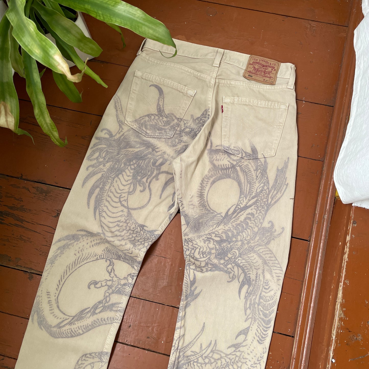 Custom Levi’s Dragon Print Jeans – Beige/Khaki with Bold Artwork | 1 of 1 Reworked Denim