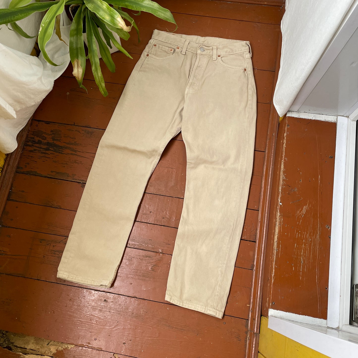 Custom Levi’s Dragon Print Jeans – Beige/Khaki with Bold Artwork | 1 of 1 Reworked Denim