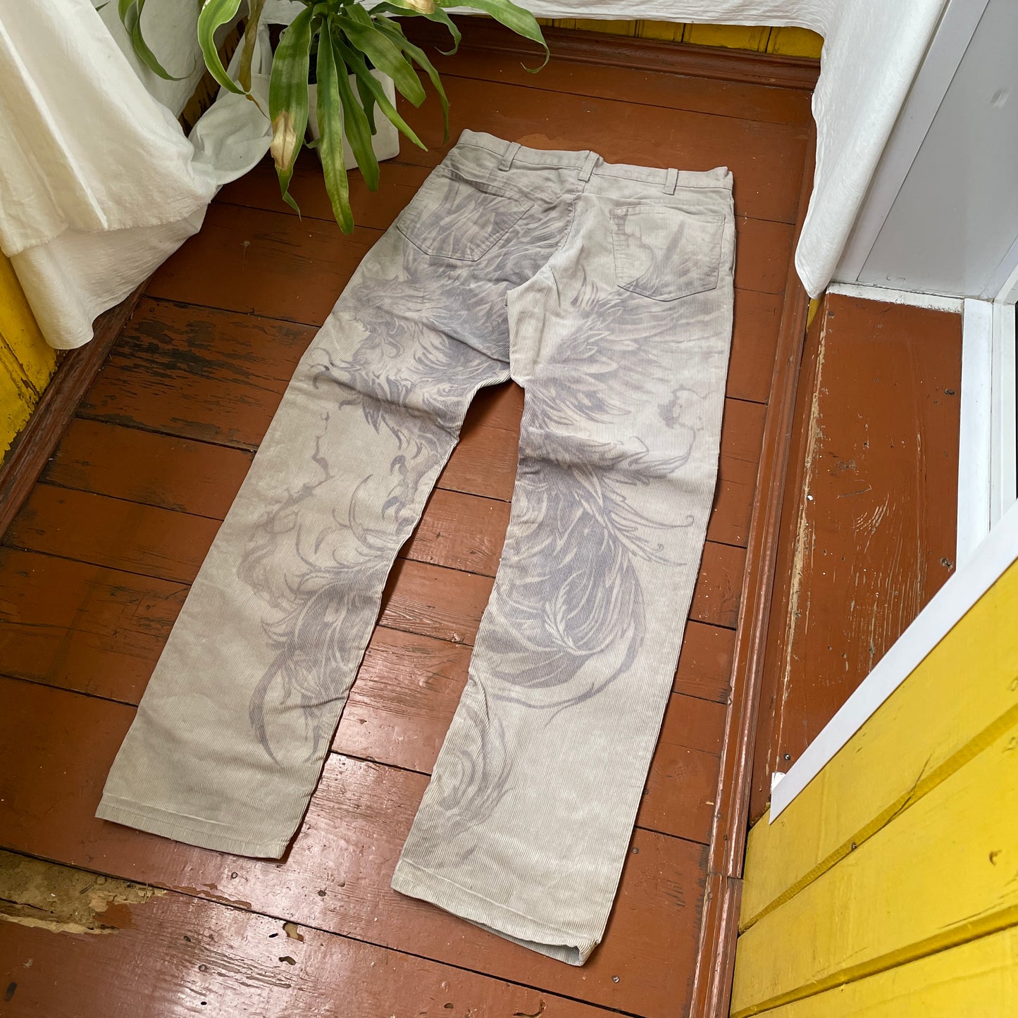 Custom Levi’s Corduroy Phoenix Pants – Beige Washed Cords with Giant Phoenix Art | 1 of 1