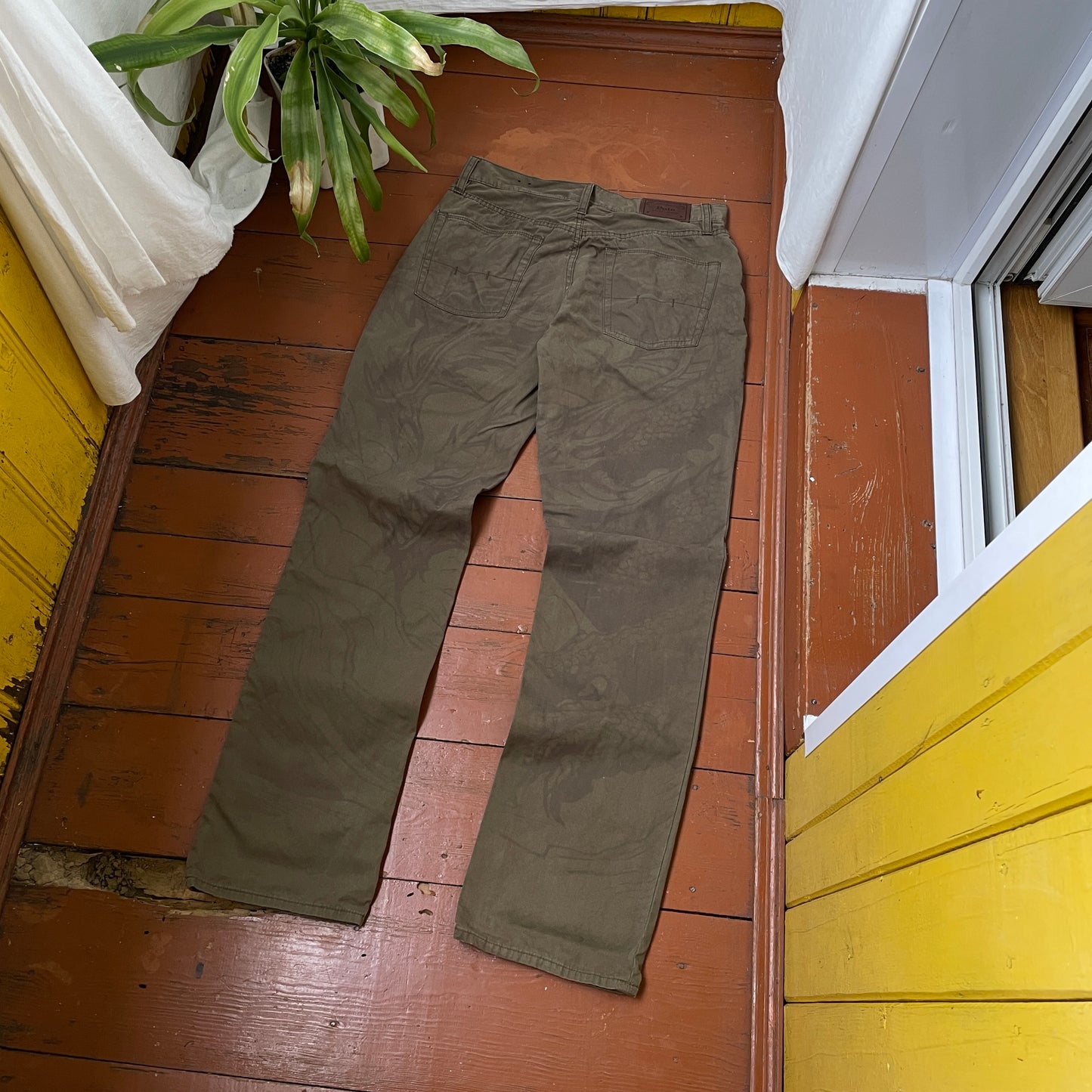 Custom Polo Ralph Lauren Dragon Pants โ Olive Green Washed Canvas with Back Dragon Art | 1 of 1