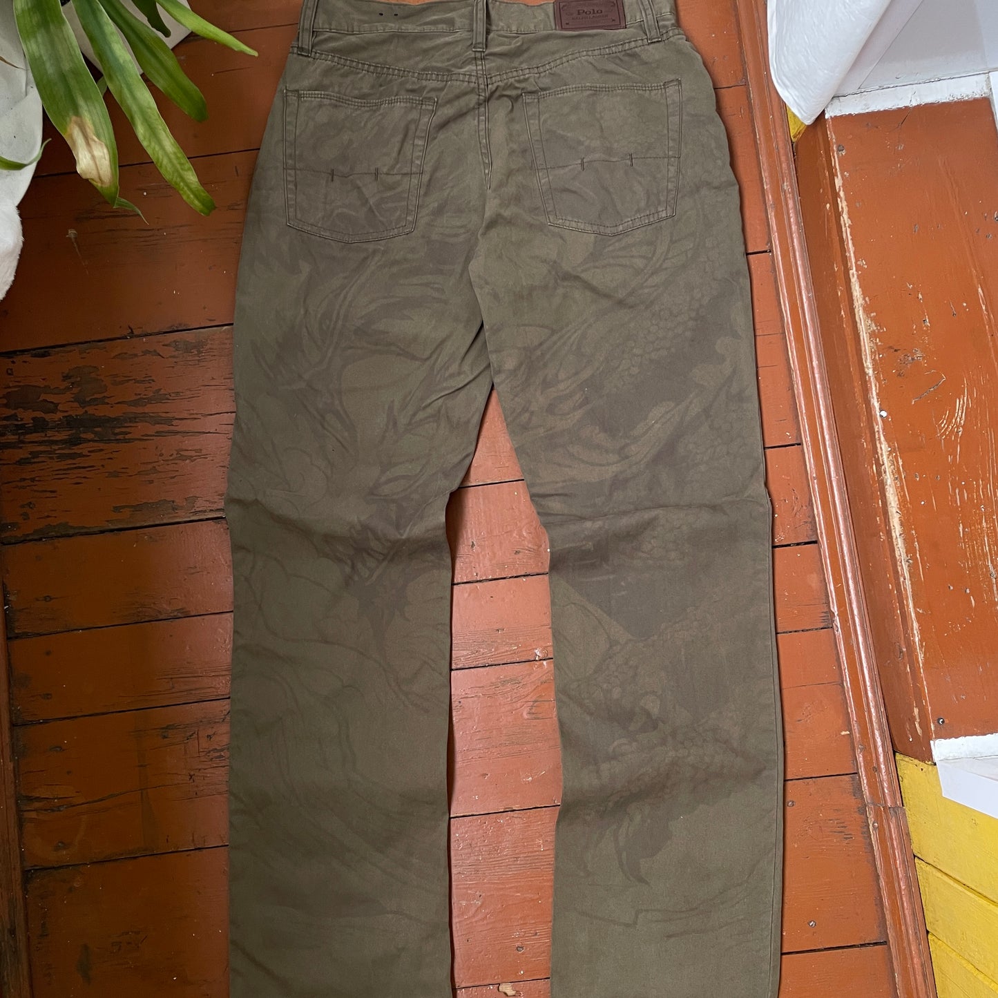 Custom Polo Ralph Lauren Dragon Pants โ Olive Green Washed Canvas with Back Dragon Art | 1 of 1