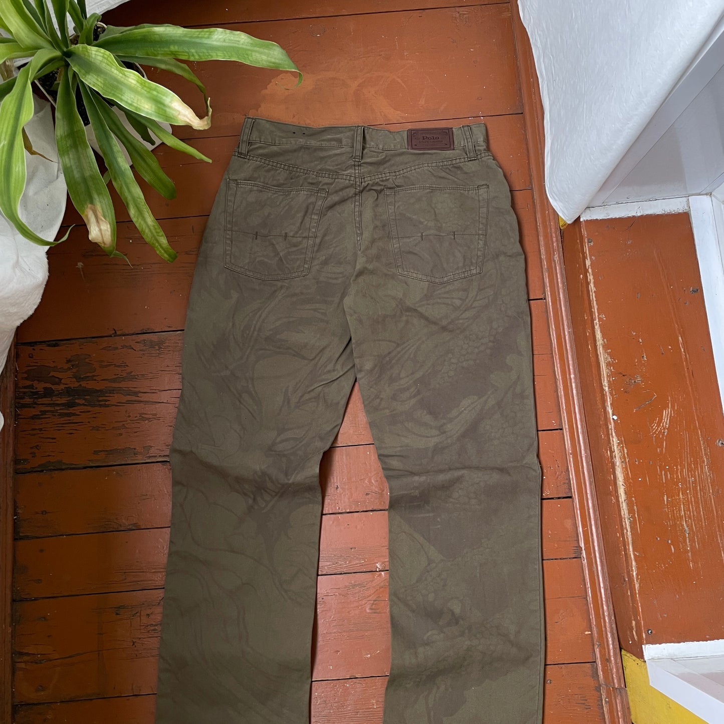 Custom Polo Ralph Lauren Dragon Pants โ Olive Green Washed Canvas with Back Dragon Art | 1 of 1