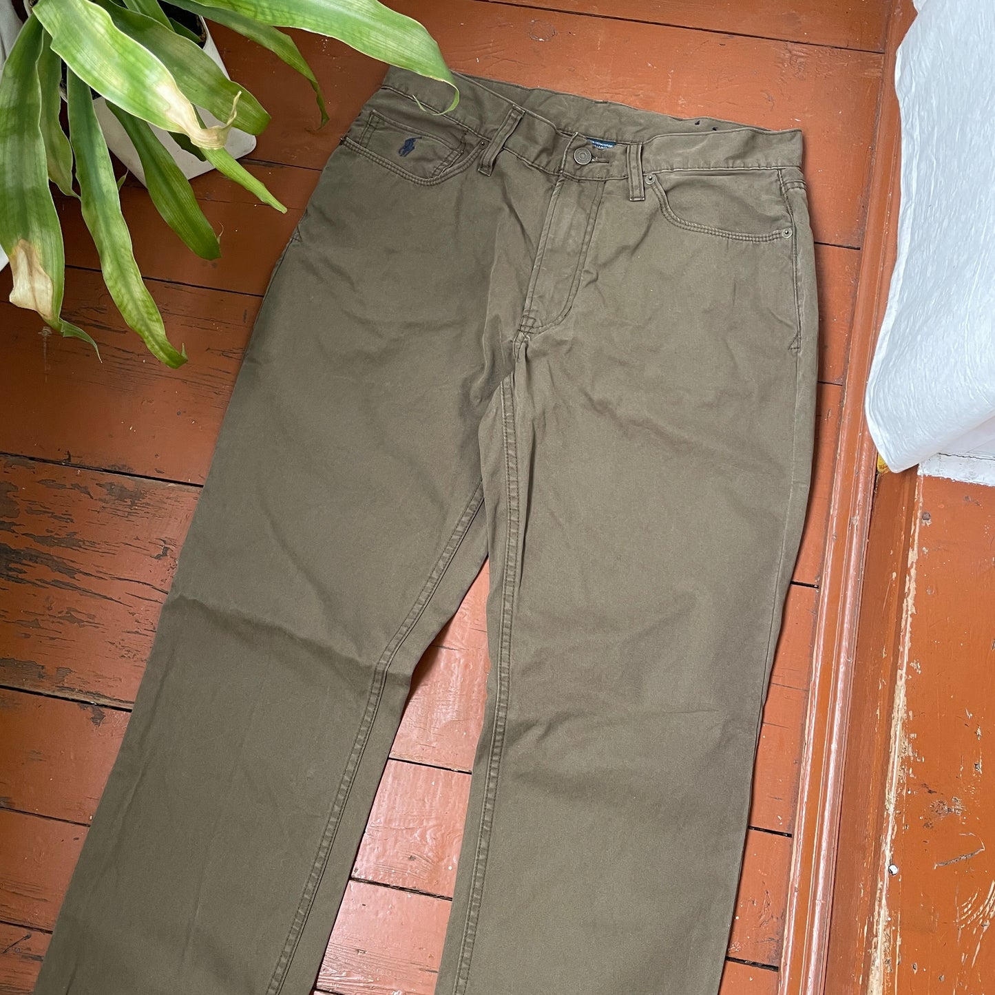 Custom Polo Ralph Lauren Dragon Pants โ Olive Green Washed Canvas with Back Dragon Art | 1 of 1