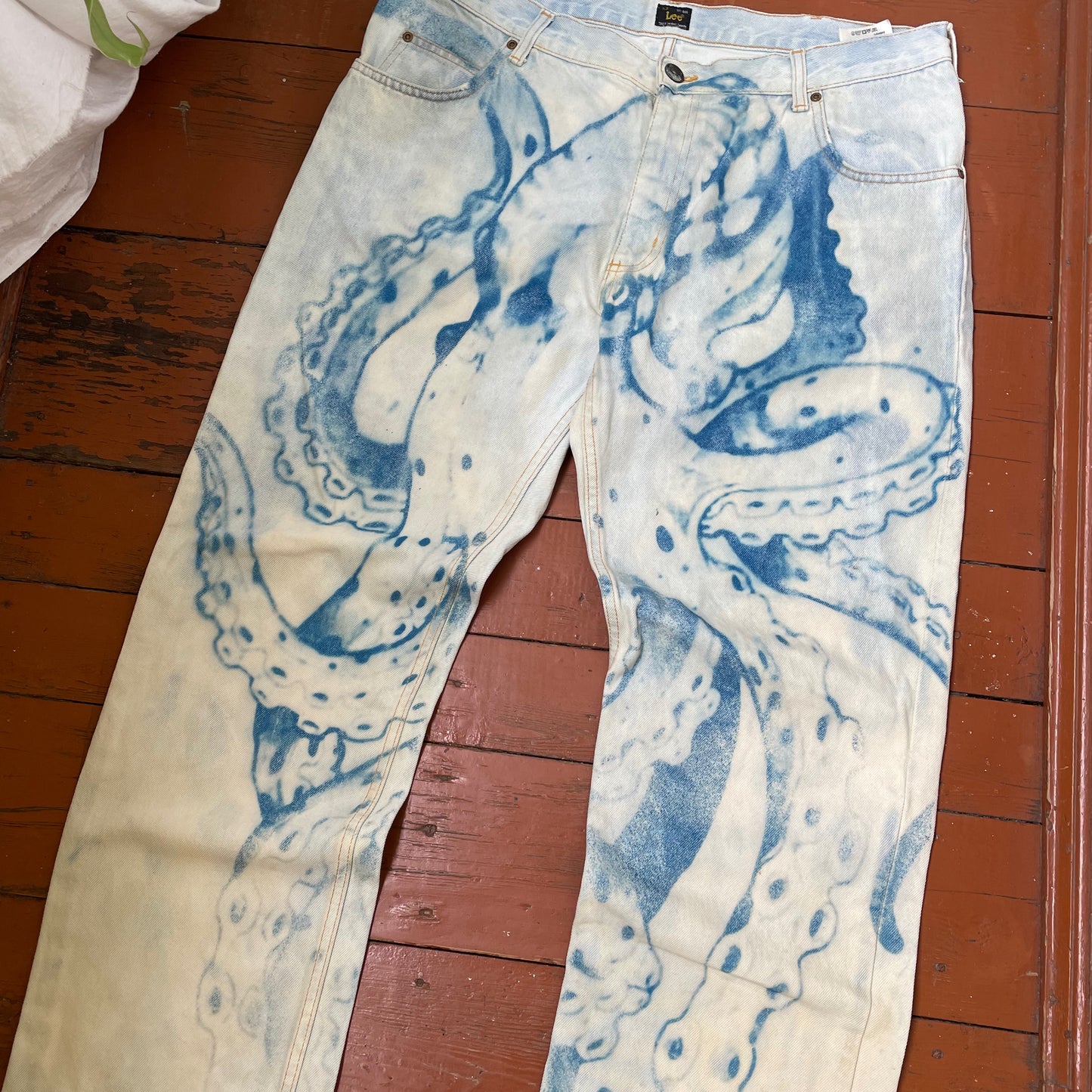 Custom Lee Octopus Jeans – Hand-Faded Blue Tentacle Art | Vintage Denim 1 of 1