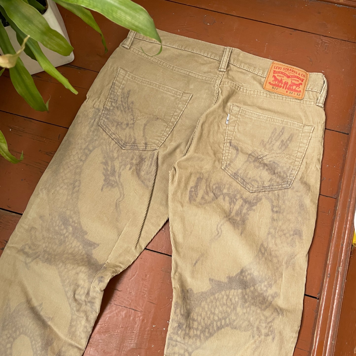 Custom Levi’s Dragon Corduroy Pants – Beige Washed Cord with Back Dragon Art | 1 of 1