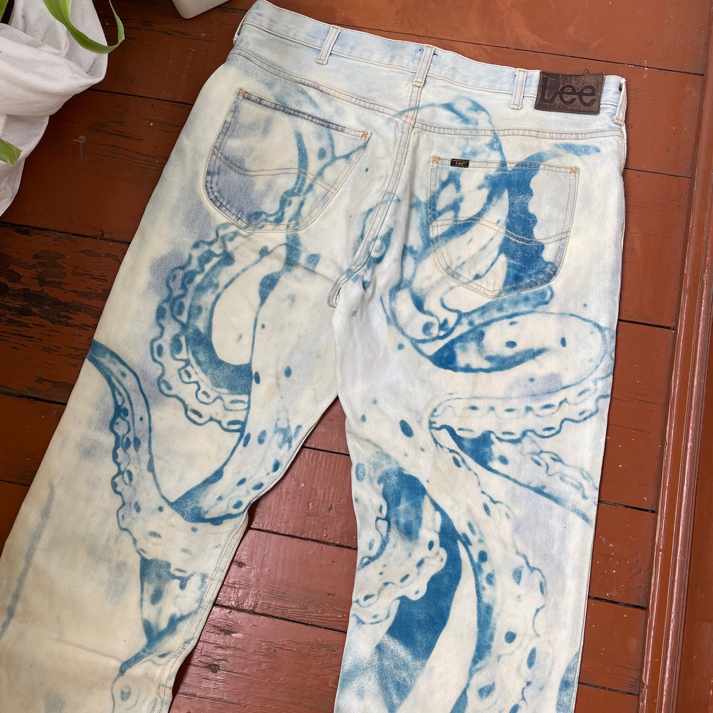 Custom Lee Octopus Jeans – Hand-Faded Blue Tentacle Art | Vintage Denim 1 of 1