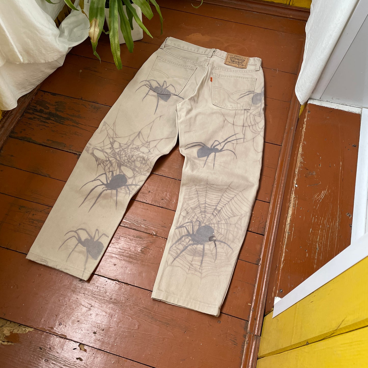 Custom Levi’s Spider Pants – Faded Web and Spider Print on Beige | Vintage 1 of 1 Streetwear