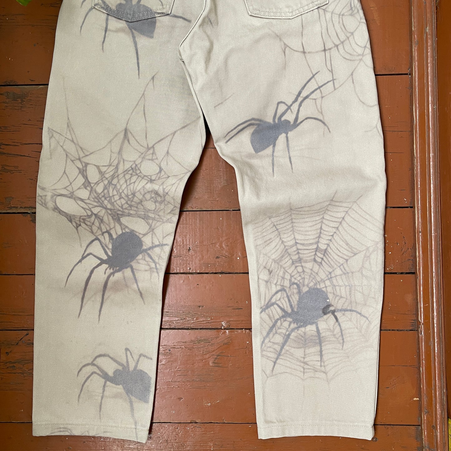 Custom Levi’s Spider Pants – Faded Web and Spider Print on Beige | Vintage 1 of 1 Streetwear