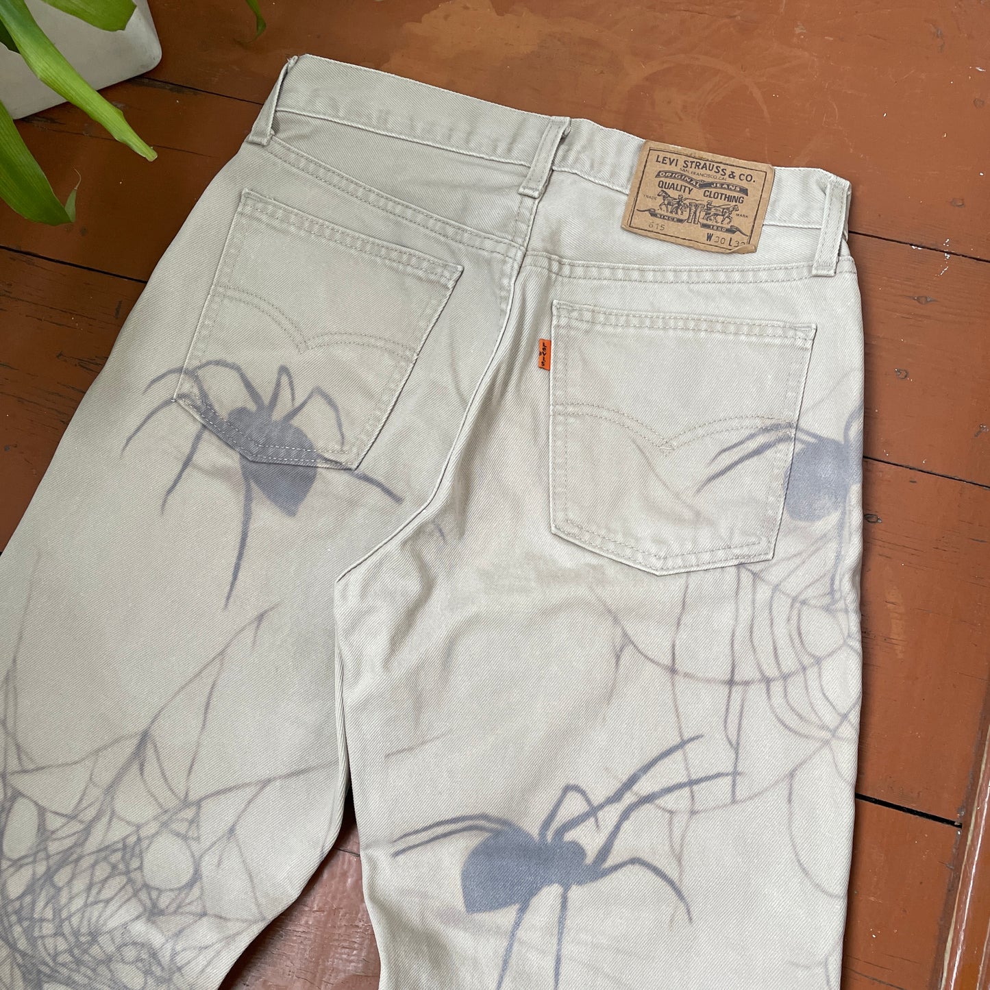 Custom Levi’s Spider Pants – Faded Web and Spider Print on Beige | Vintage 1 of 1 Streetwear