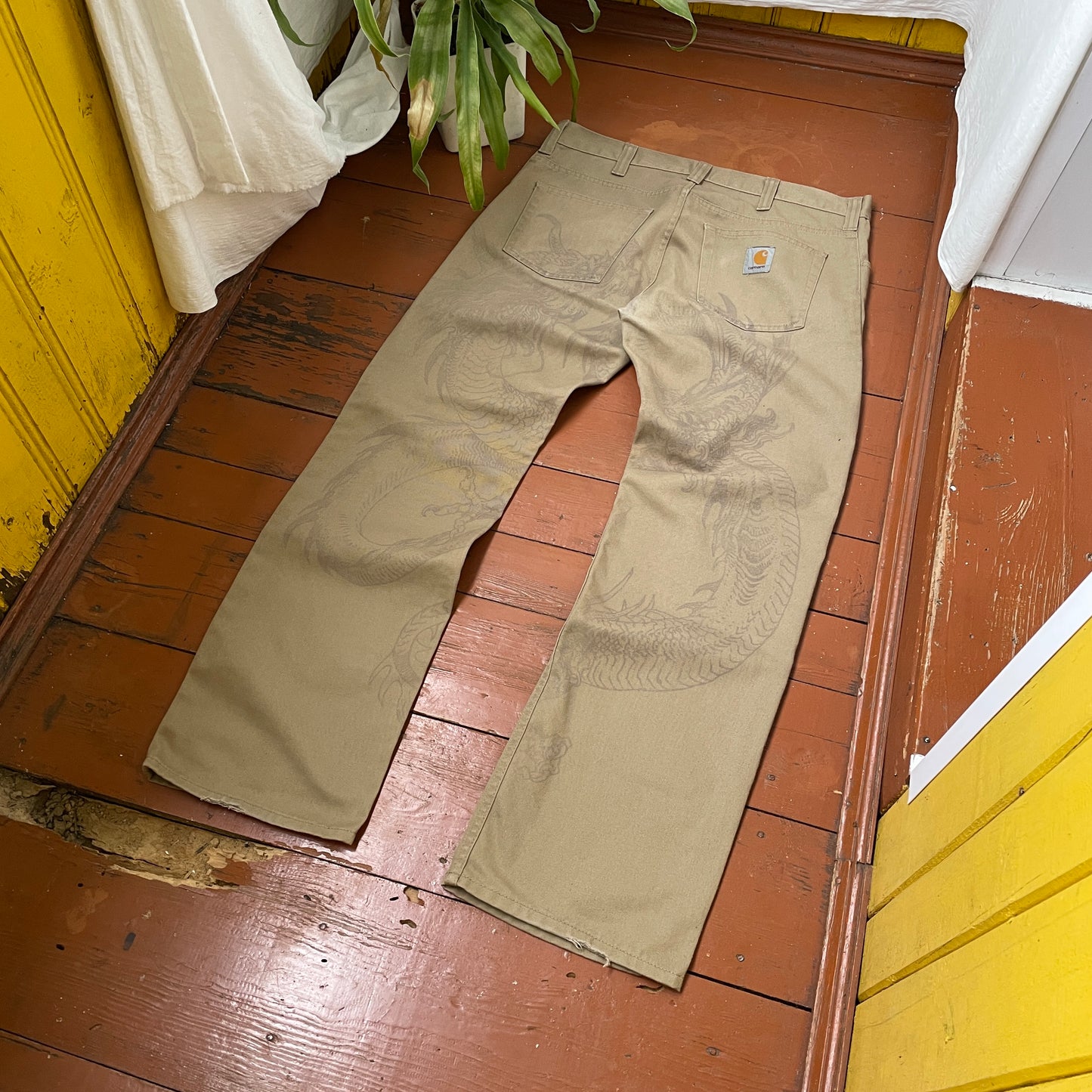 Custom Carhartt Dragon Pants โ Faded Khaki Dragon Art | Vintage Workwear 1 of 1