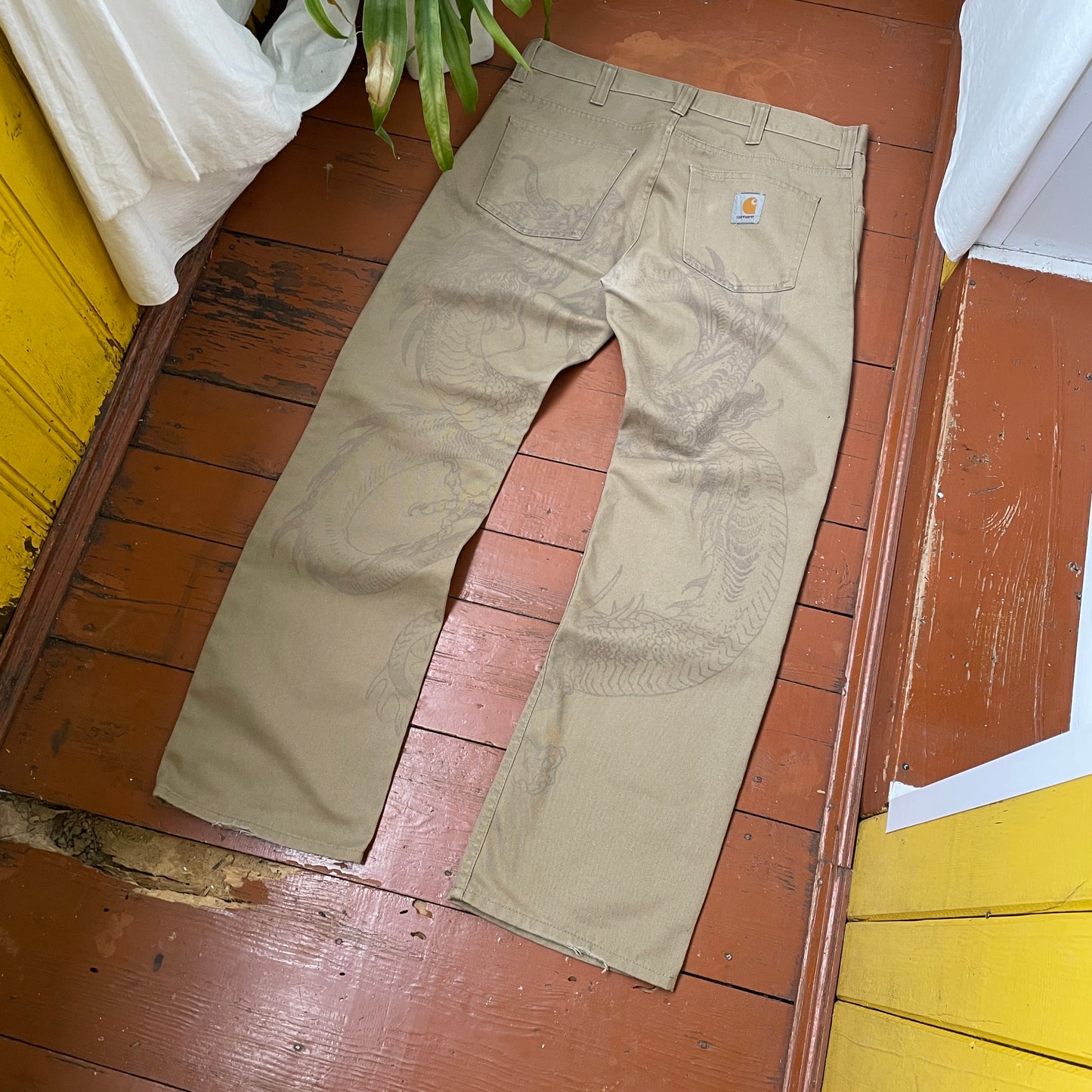 Custom Carhartt Dragon Pants โ Faded Khaki Dragon Art | Vintage Workwear 1 of 1