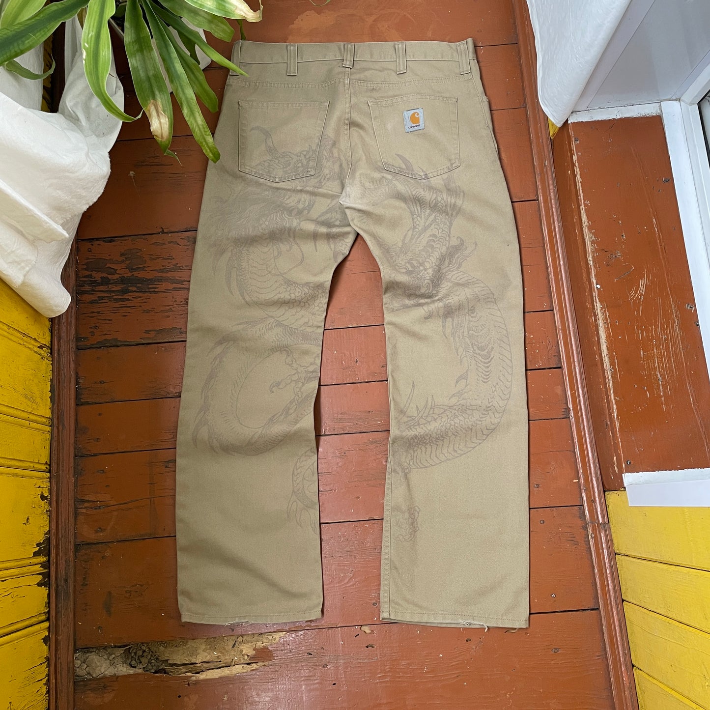 Custom Carhartt Dragon Pants โ Faded Khaki Dragon Art | Vintage Workwear 1 of 1