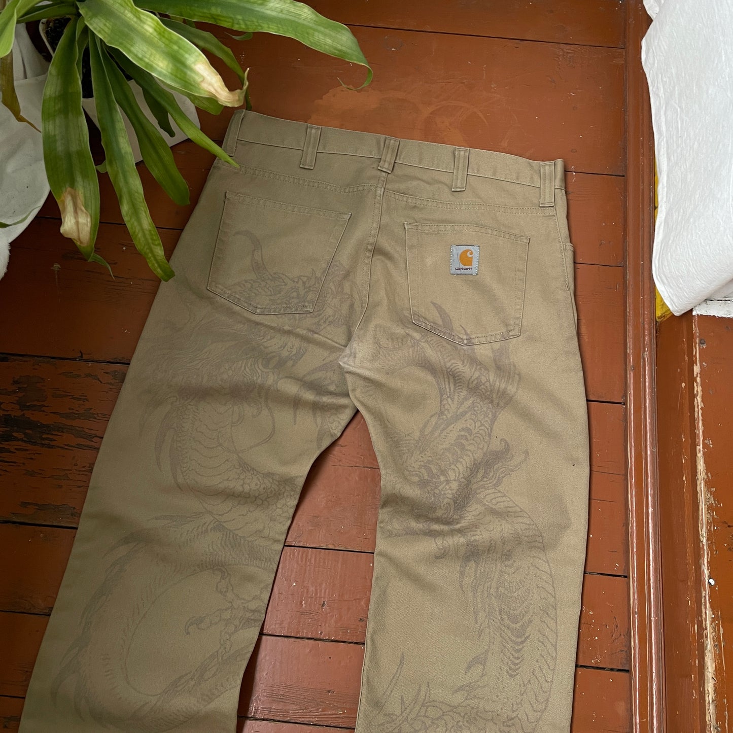 Custom Carhartt Dragon Pants โ Faded Khaki Dragon Art | Vintage Workwear 1 of 1