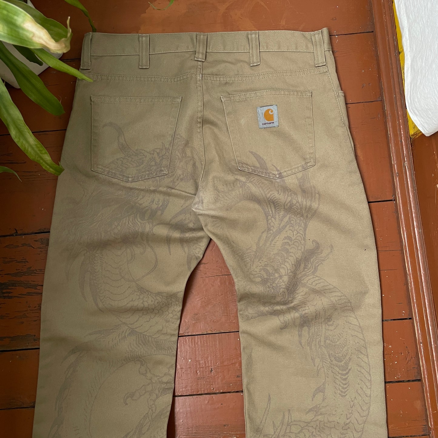 Custom Carhartt Dragon Pants โ Faded Khaki Dragon Art | Vintage Workwear 1 of 1