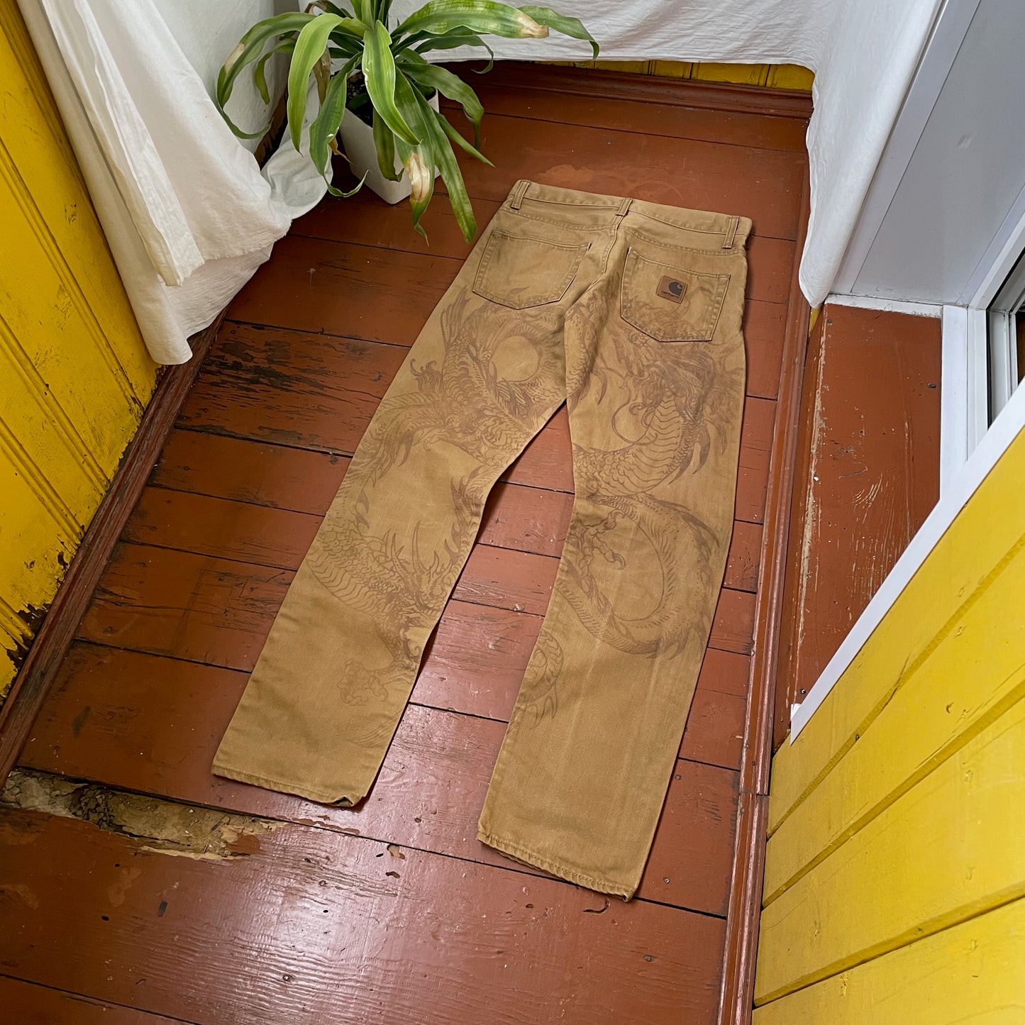 Custom Carhartt Dragon Pants โ Faded Brown Dragon Art | Vintage Canvas Workwear 1 of 1