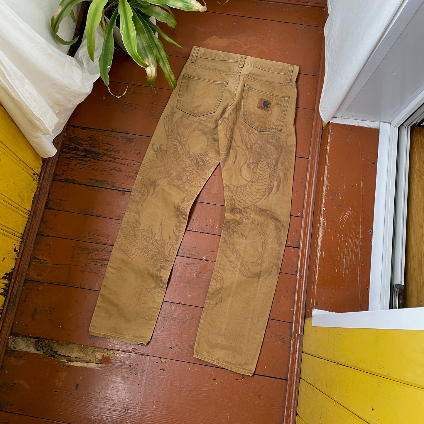 Custom Carhartt Dragon Pants โ Faded Brown Dragon Art | Vintage Canvas Workwear 1 of 1