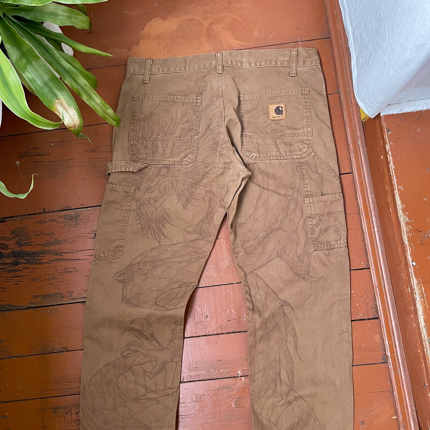 Custom Carhartt Dragon Pants โ Faded Brown Canvas with Bleached Mythical Beast Art | Vintage Workwear 1 of 1