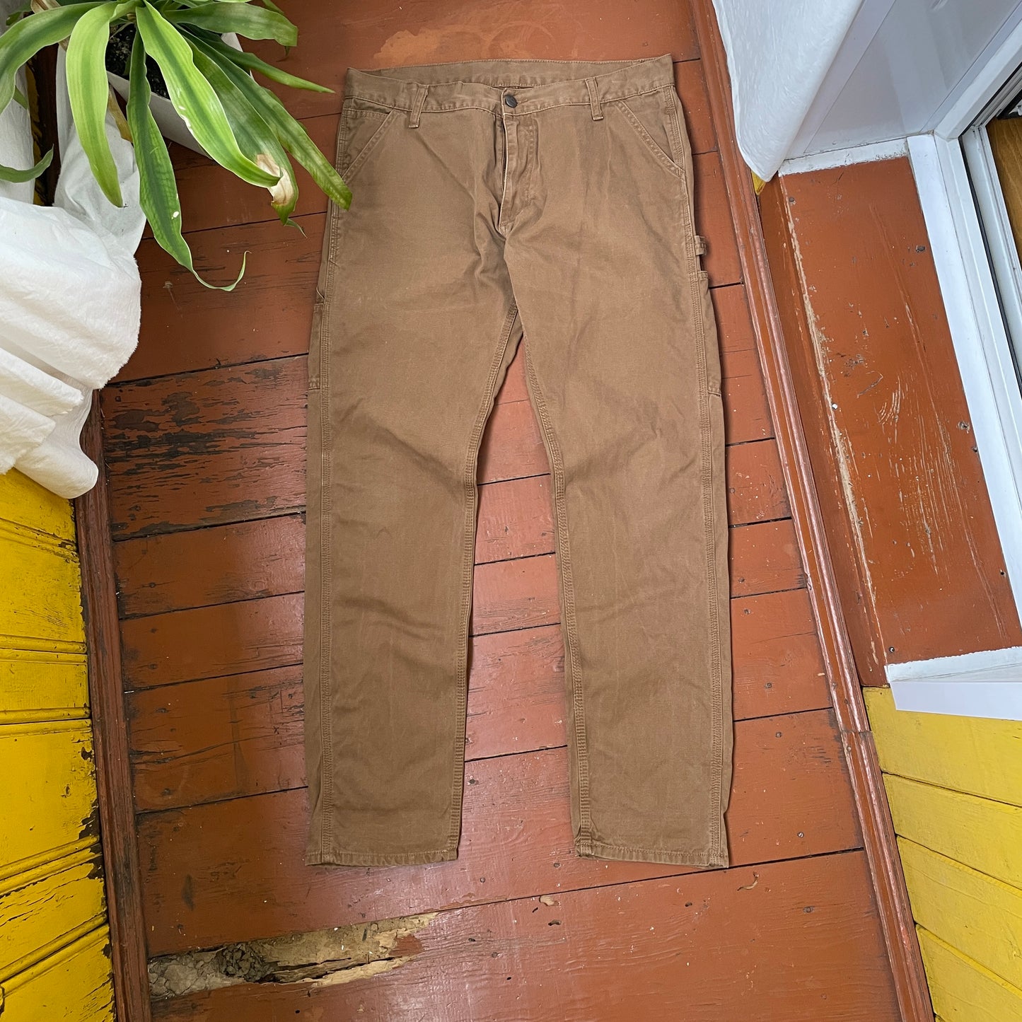 Custom Carhartt Dragon Pants โ Faded Brown Canvas with Bleached Mythical Beast Art | Vintage Workwear 1 of 1