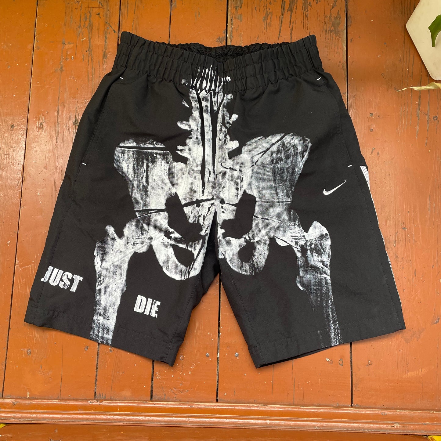 Custom Nike Bone Shorts – Handprinted White Bone Art on Black | Vintage Grunge
