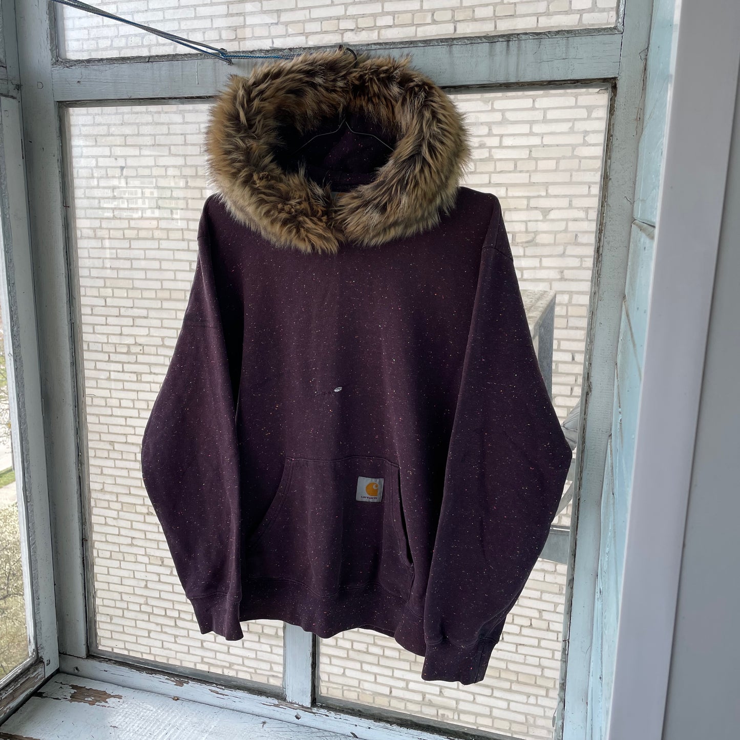 Custom Carhartt Fur Hoodie โ Burgundy Speckled with Faux Fur Hood | Vintage Workwear Grunge