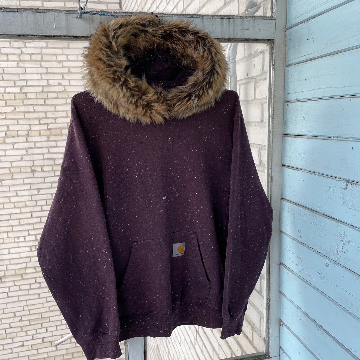 Custom Carhartt Fur Hoodie โ Burgundy Speckled with Faux Fur Hood | Vintage Workwear Grunge