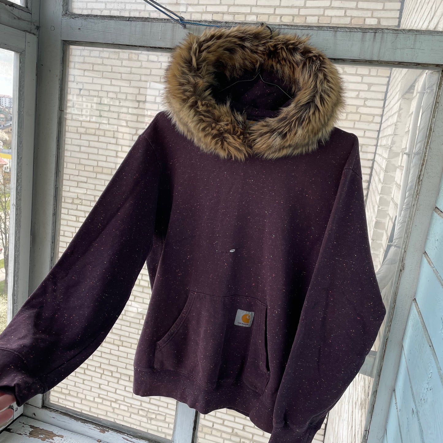 Custom Carhartt Fur Hoodie โ Burgundy Speckled with Faux Fur Hood | Vintage Workwear Grunge