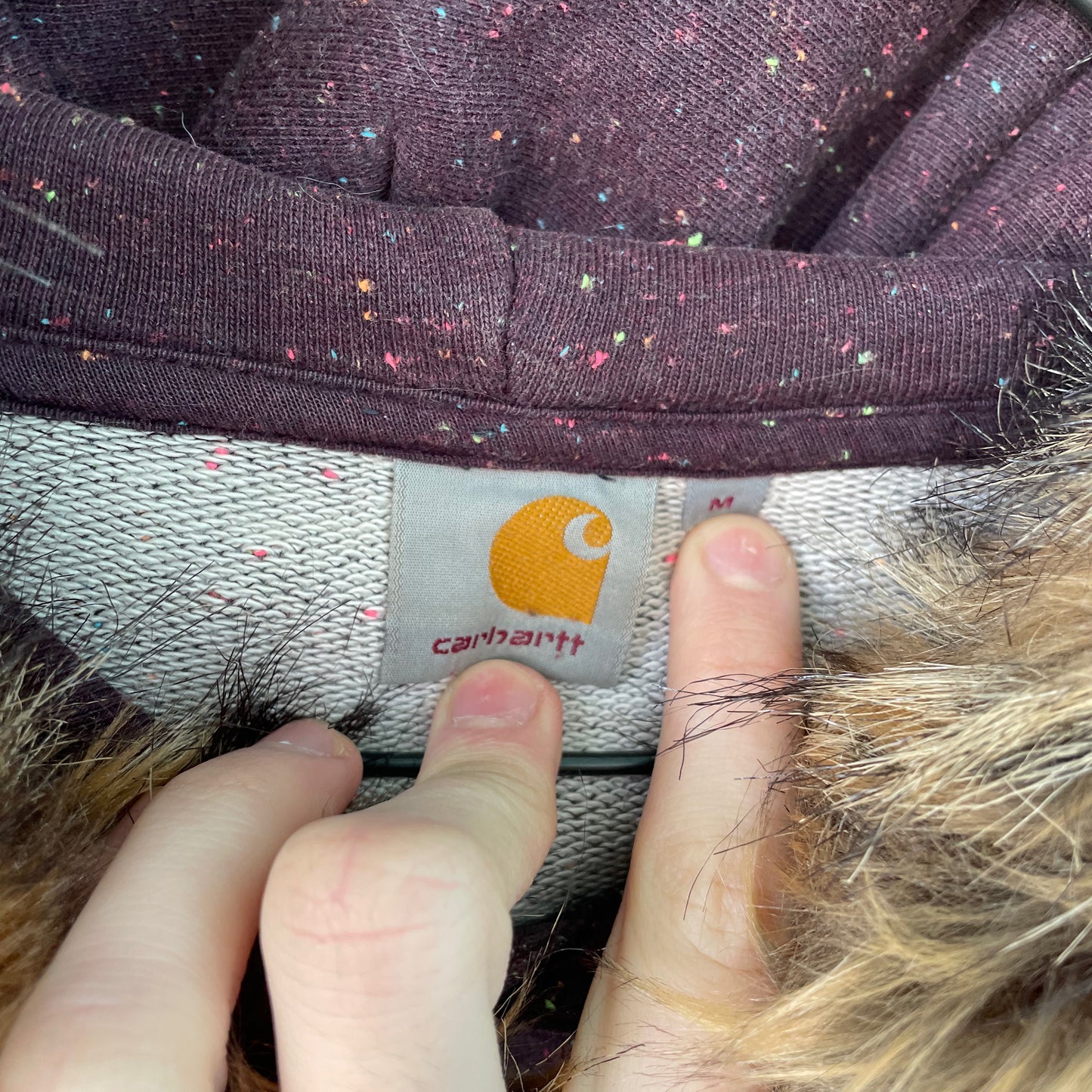 Custom Carhartt Fur Hoodie โ Burgundy Speckled with Faux Fur Hood | Vintage Workwear Grunge