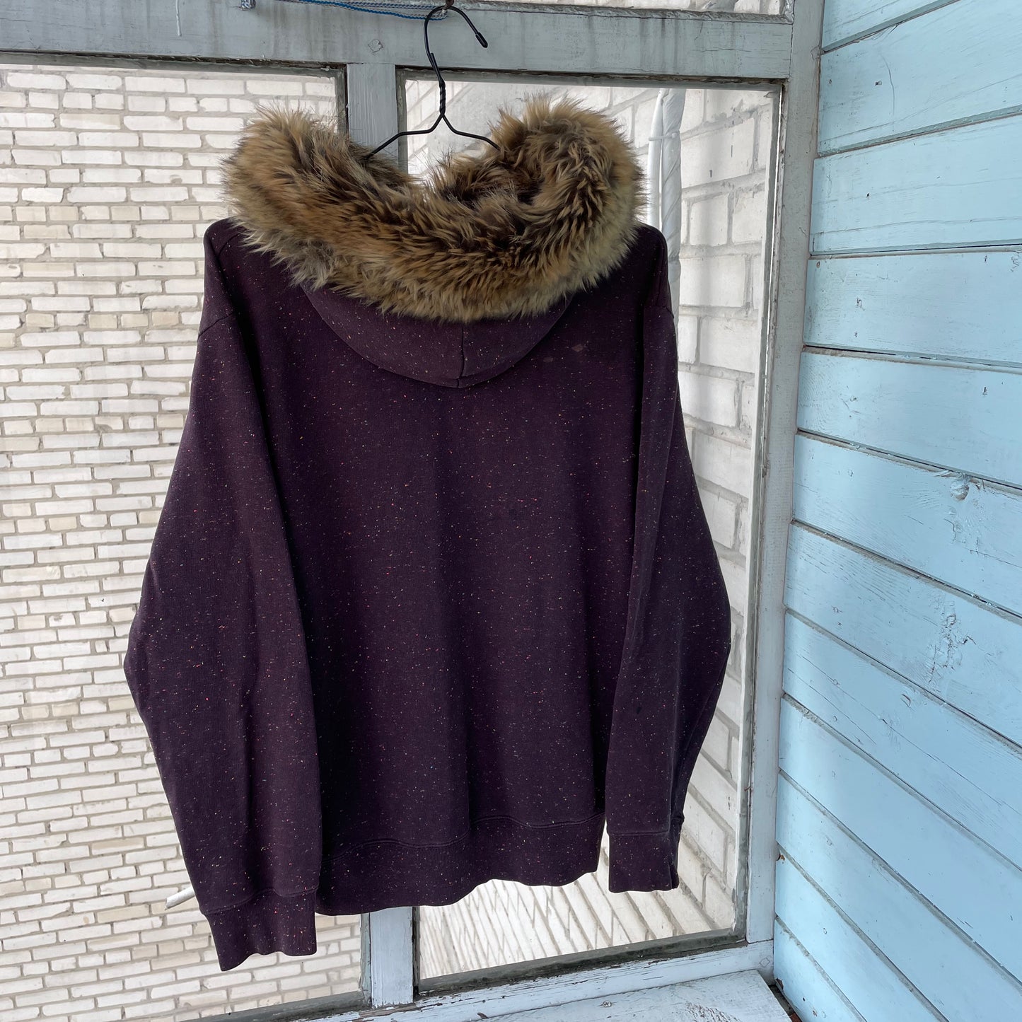 Custom Carhartt Fur Hoodie โ Burgundy Speckled with Faux Fur Hood | Vintage Workwear Grunge