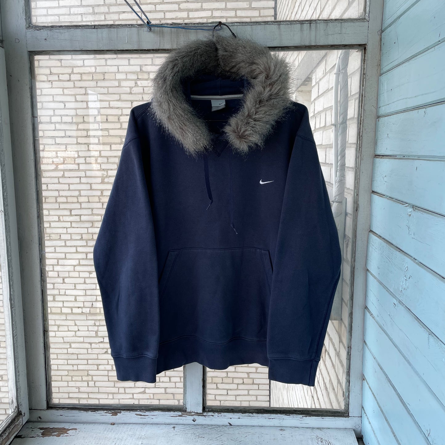 Custom Nike Fur Hoodie โ Navy Blue Vintage Swoosh with Faux Fur Hood | Y2K Grunge