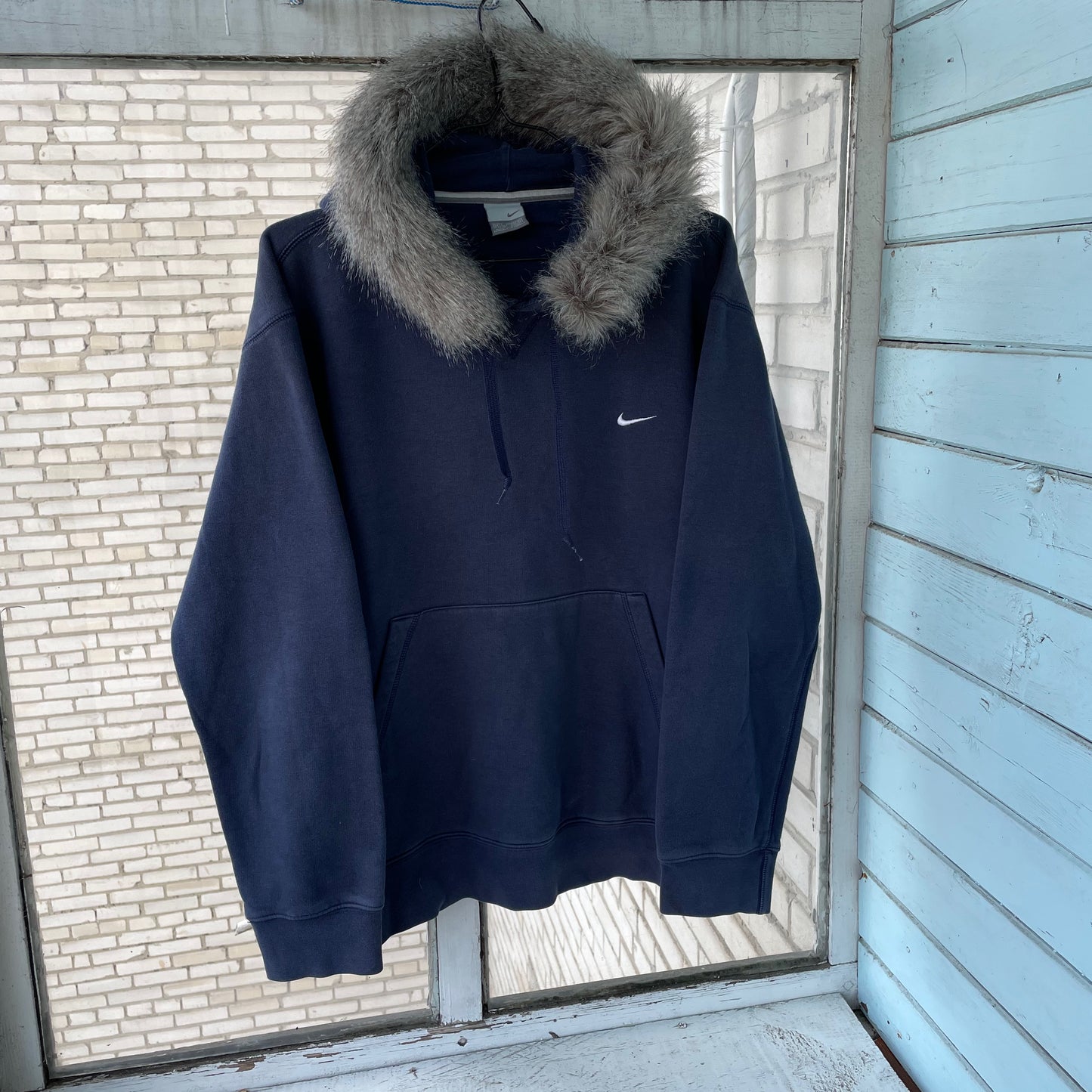 Custom Nike Fur Hoodie โ Navy Blue Vintage Swoosh with Faux Fur Hood | Y2K Grunge