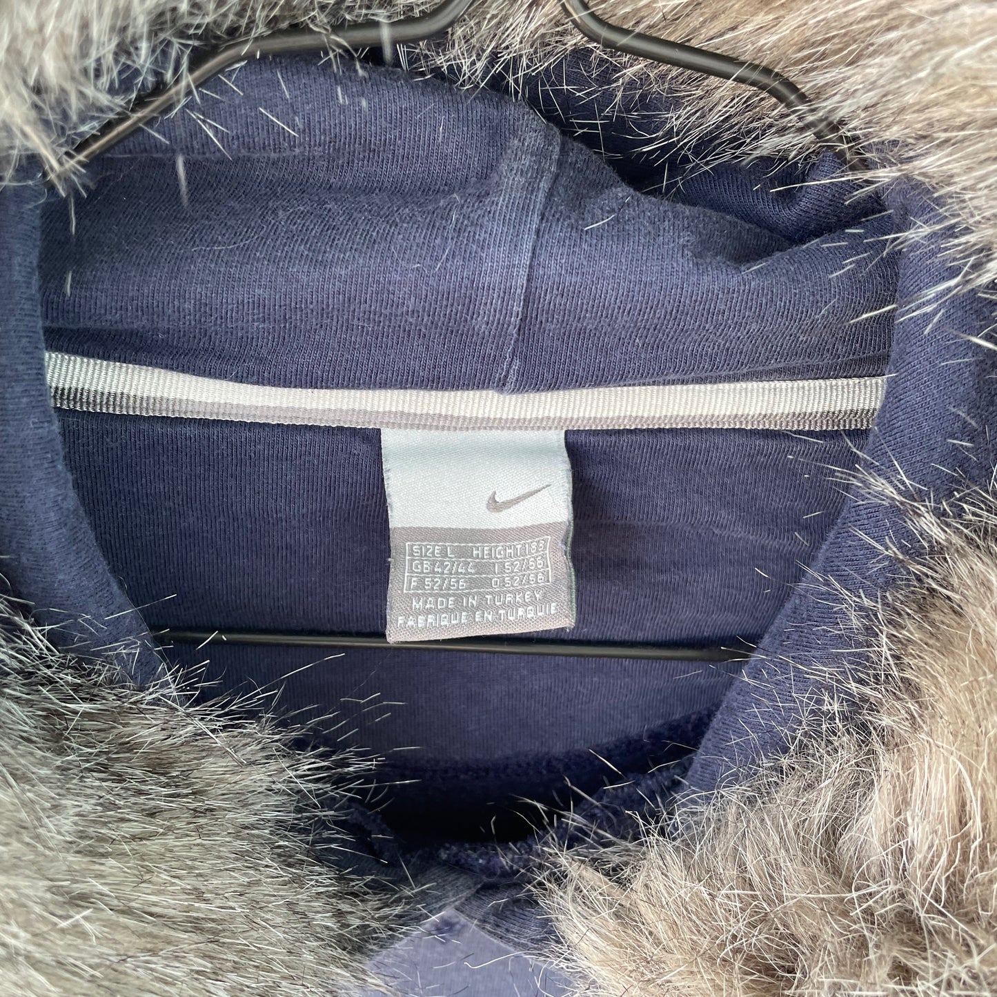 Custom Nike Fur Hoodie โ Navy Blue Vintage Swoosh with Faux Fur Hood | Y2K Grunge