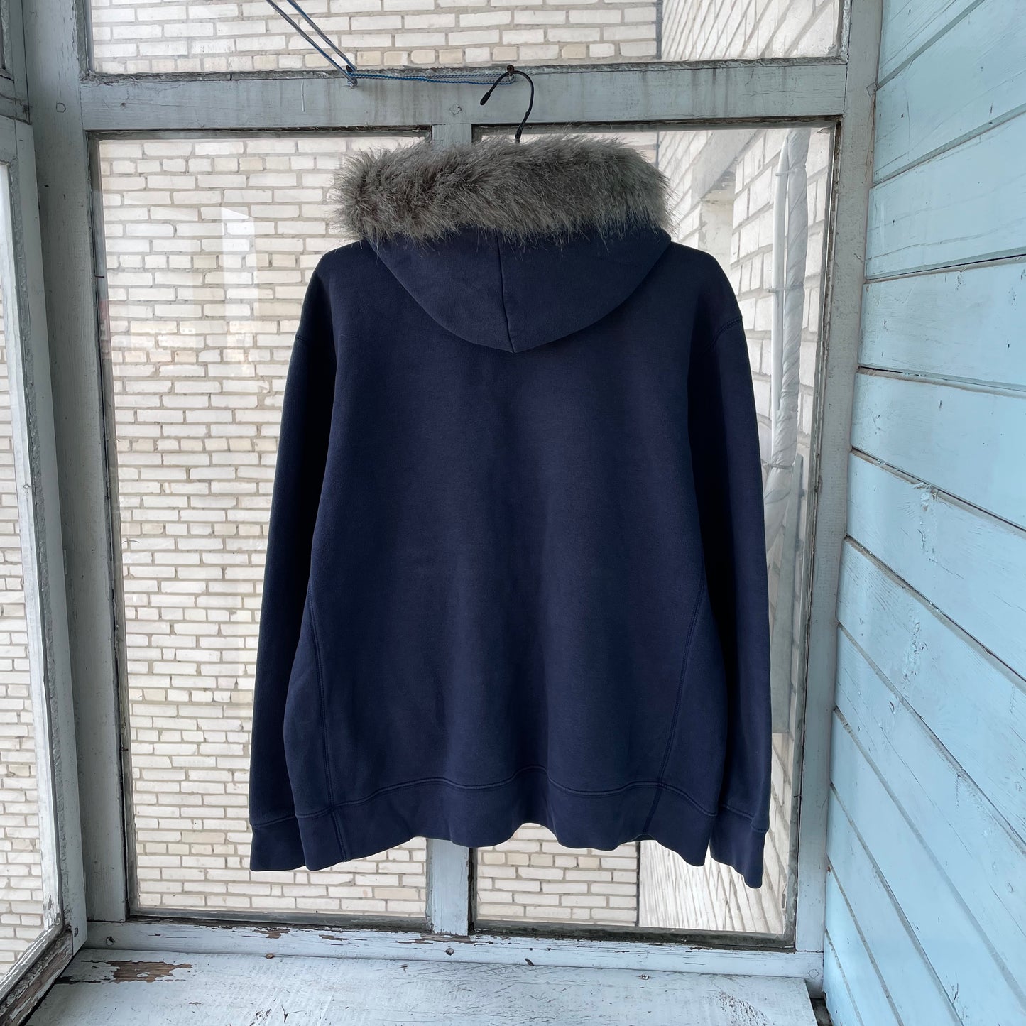 Custom Nike Fur Hoodie โ Navy Blue Vintage Swoosh with Faux Fur Hood | Y2K Grunge