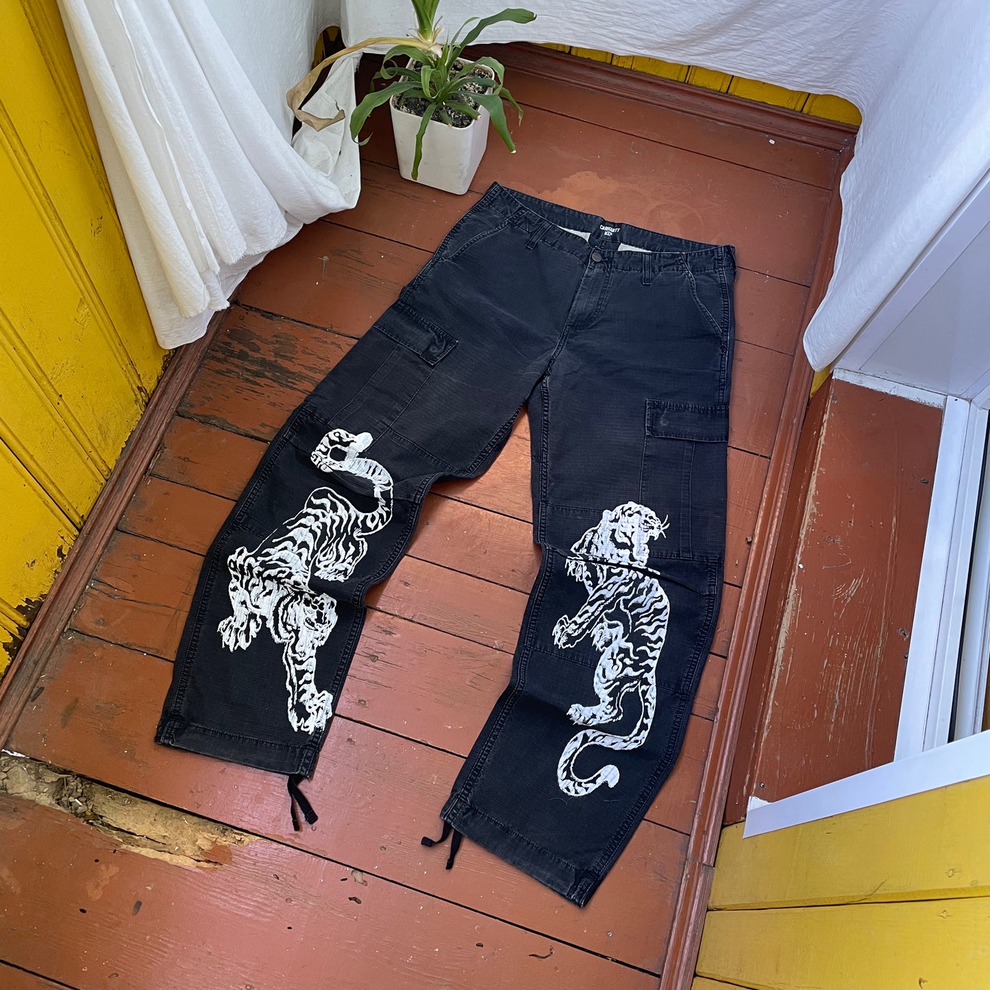 Custom Carhartt Black Cargo Pants – White Twin Tigers Print | Vintage Workwear 1 of 1