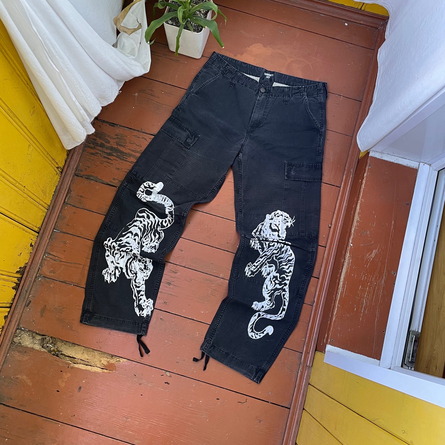 Custom Carhartt Black Cargo Pants – White Twin Tigers Print | Vintage Workwear 1 of 1