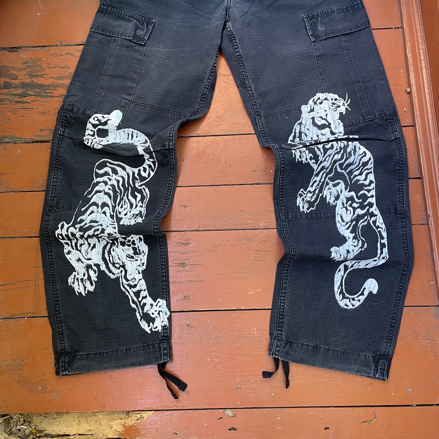 Custom Carhartt Black Cargo Pants – White Twin Tigers Print | Vintage Workwear 1 of 1