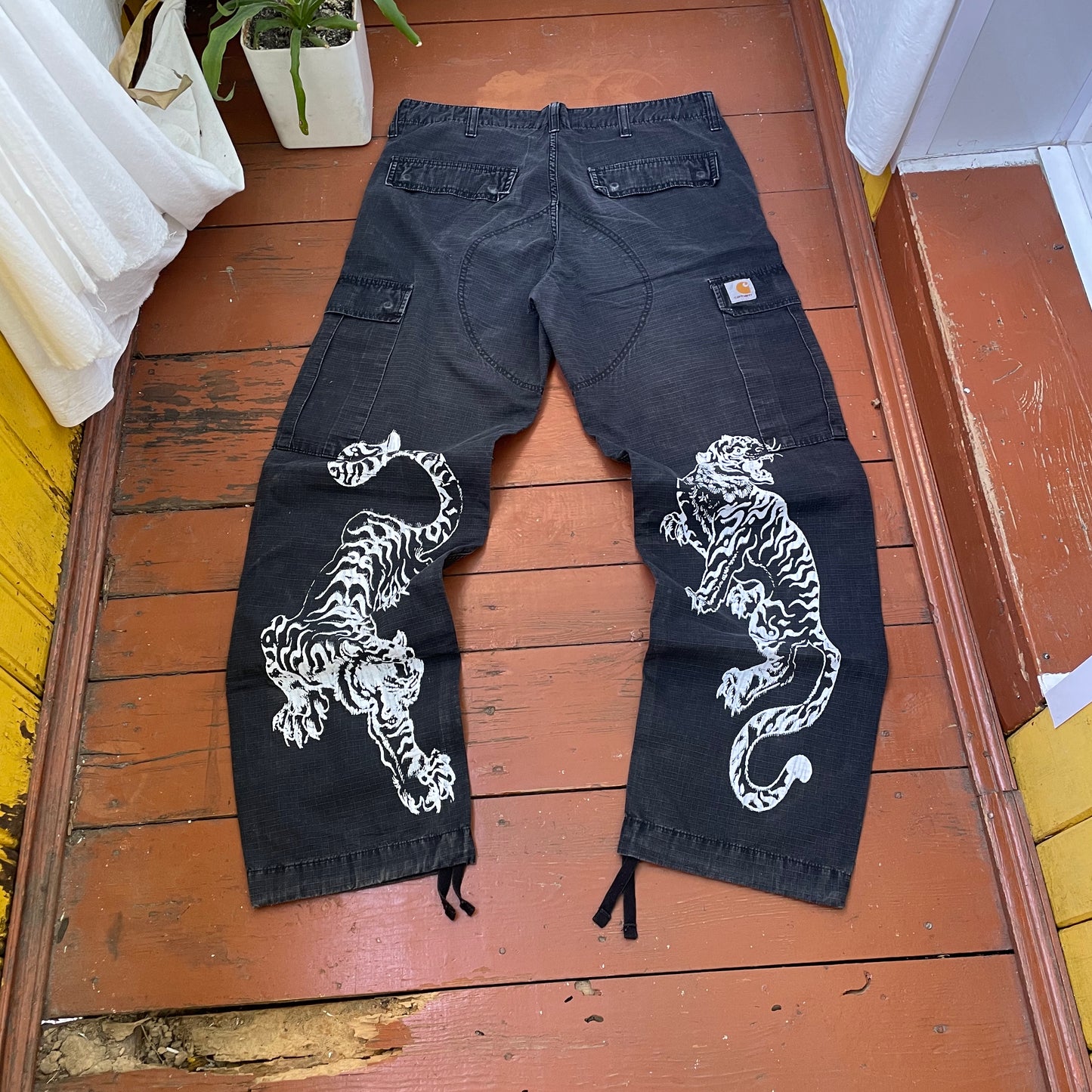 Custom Carhartt Black Cargo Pants – White Twin Tigers Print | Vintage Workwear 1 of 1