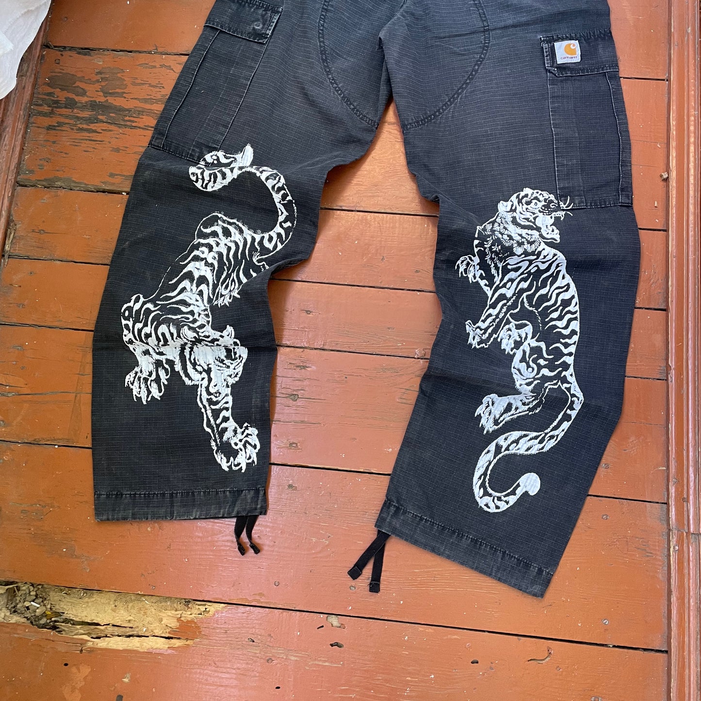Custom Carhartt Black Cargo Pants – White Twin Tigers Print | Vintage Workwear 1 of 1