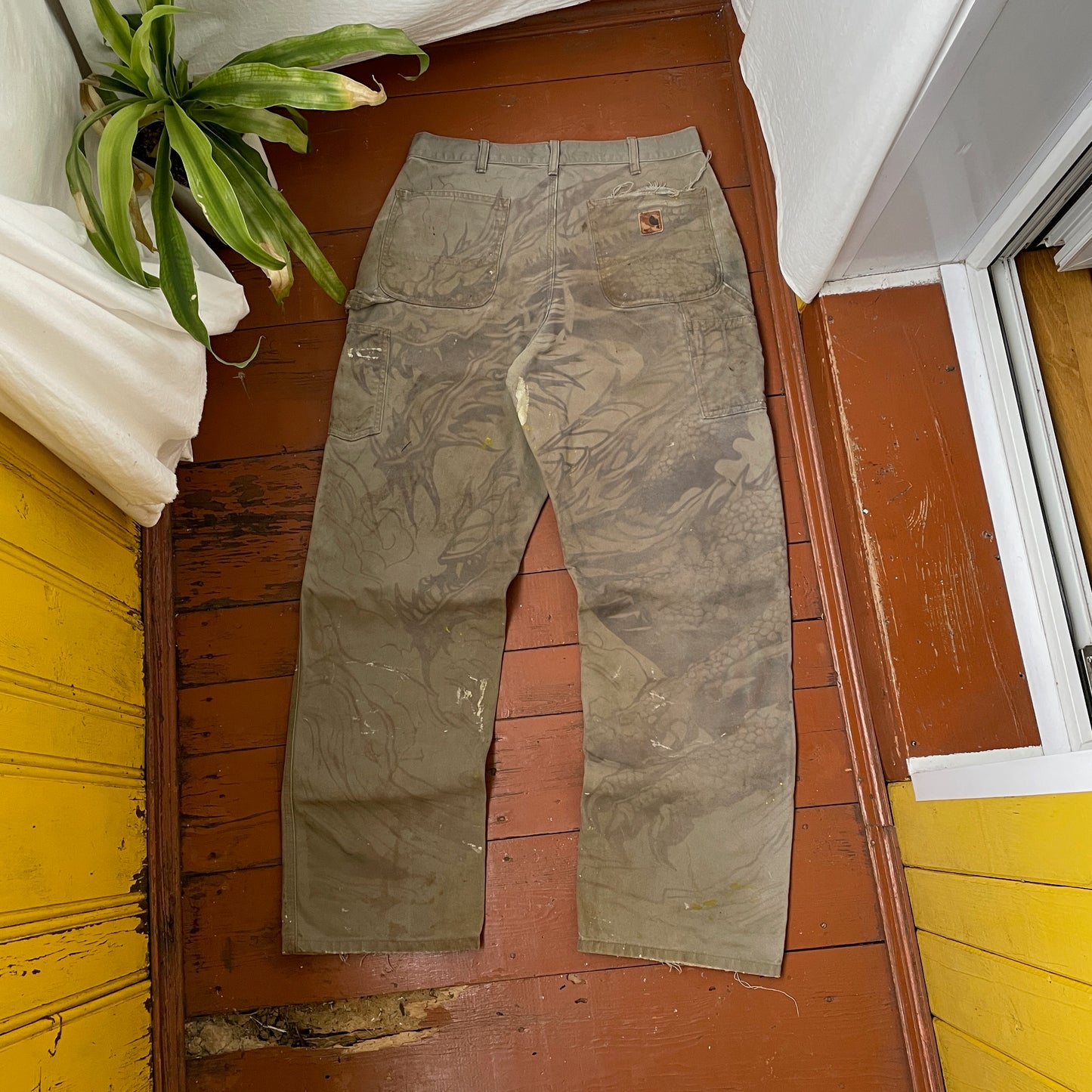 Custom Carhartt Dragon Work Pants โ 90s Faded Green | Vintage Utility Streetwear 1 of 1