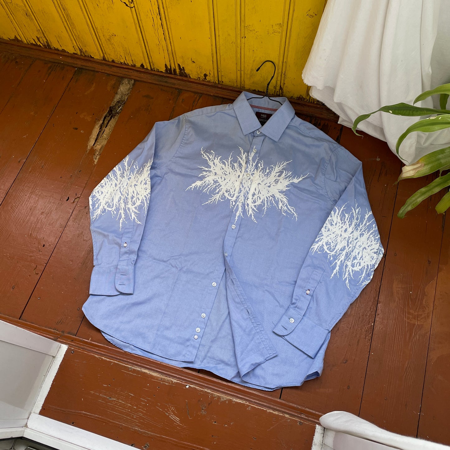 Custom M&S Button-Up Shirt – White Abstract Roots on Light Blue | Reworked Formal Shirt 1 of 1
