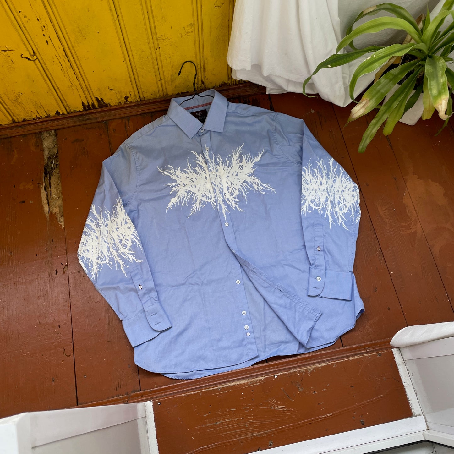 Custom M&S Button-Up Shirt – White Abstract Roots on Light Blue | Reworked Formal Shirt 1 of 1
