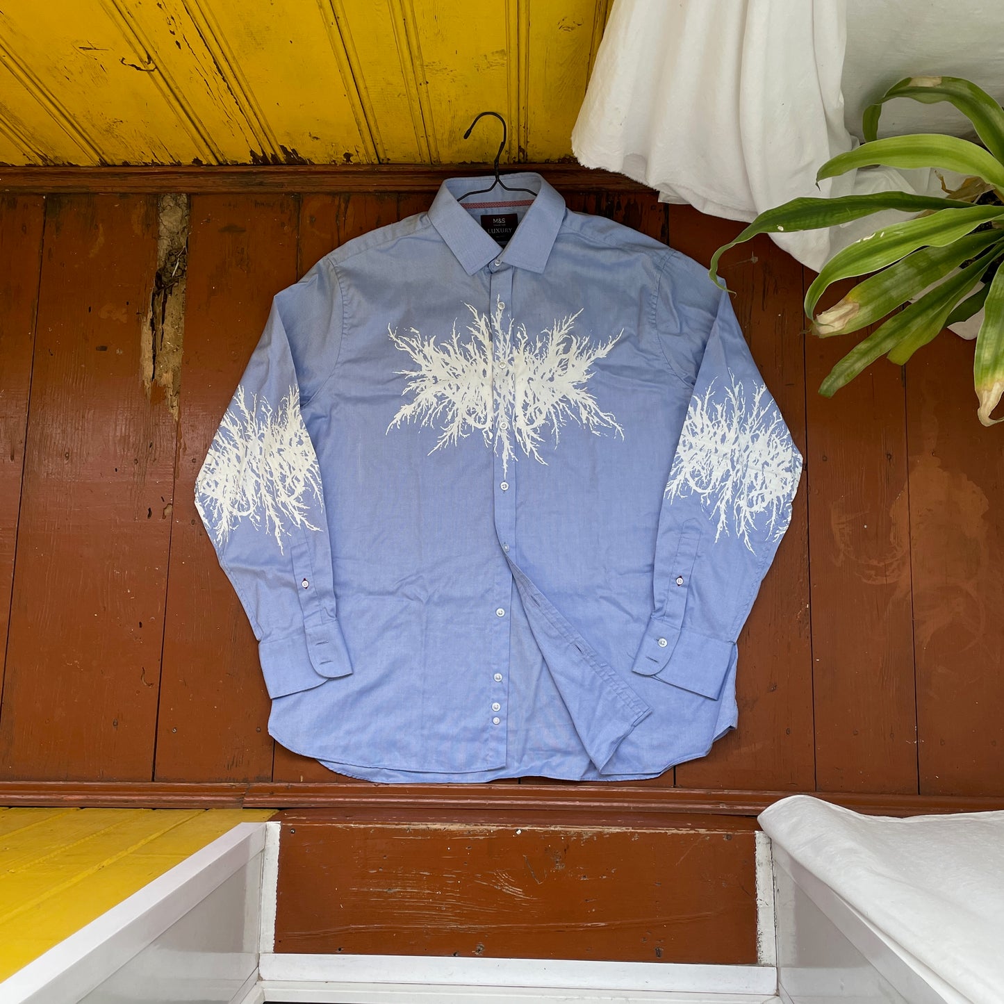 Custom M&S Button-Up Shirt – White Abstract Roots on Light Blue | Reworked Formal Shirt 1 of 1
