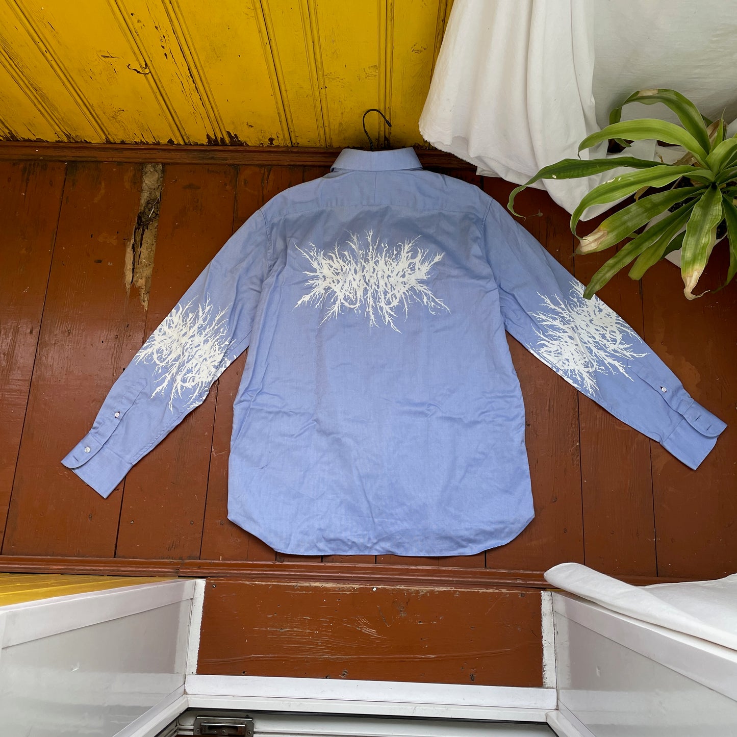 Custom M&S Button-Up Shirt – White Abstract Roots on Light Blue | Reworked Formal Shirt 1 of 1