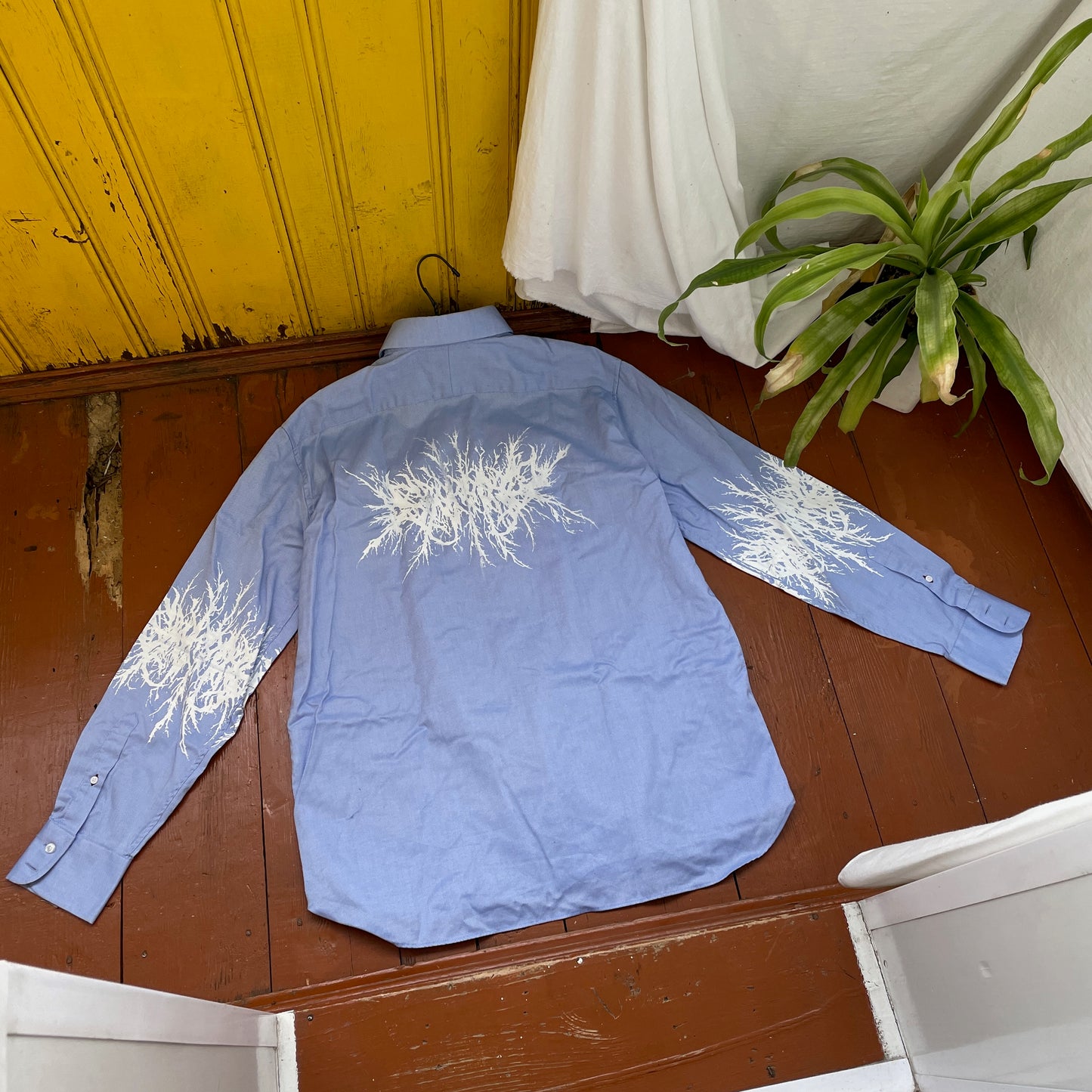 Custom M&S Button-Up Shirt – White Abstract Roots on Light Blue | Reworked Formal Shirt 1 of 1