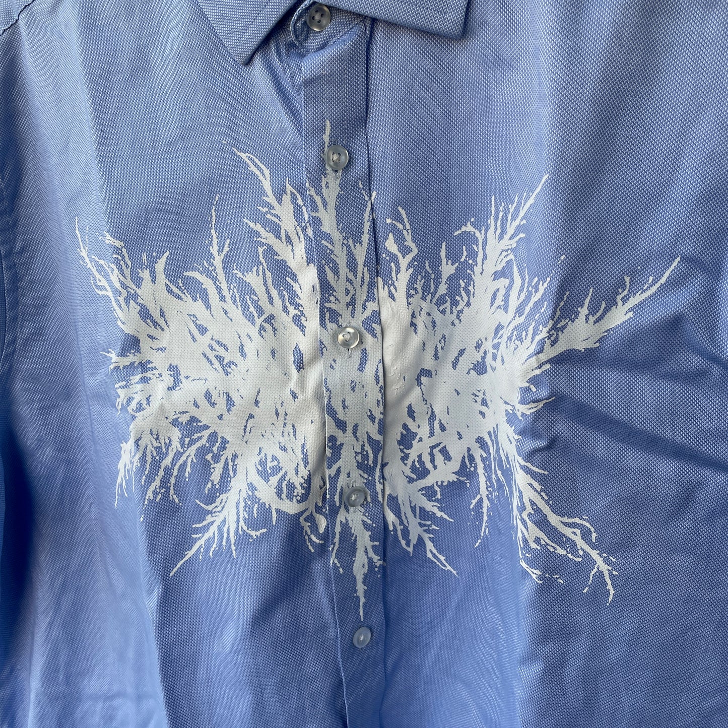 Custom M&S Button-Up Shirt – White Abstract Roots on Light Blue | Reworked Formal Shirt 1 of 1
