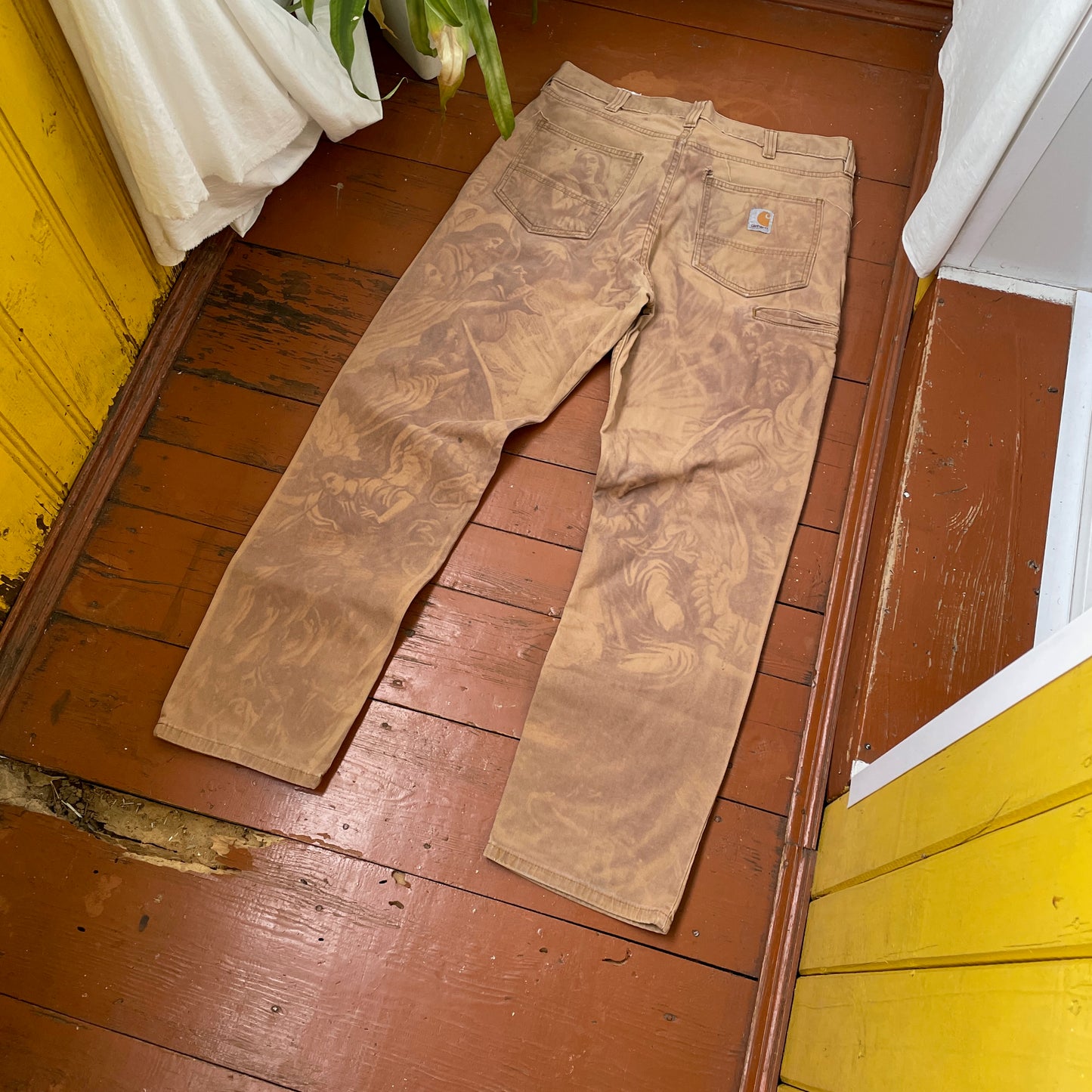 Custom Carhartt Renaissance Pants – Religious Bleached Print | Vintage Canvas 1 of 1